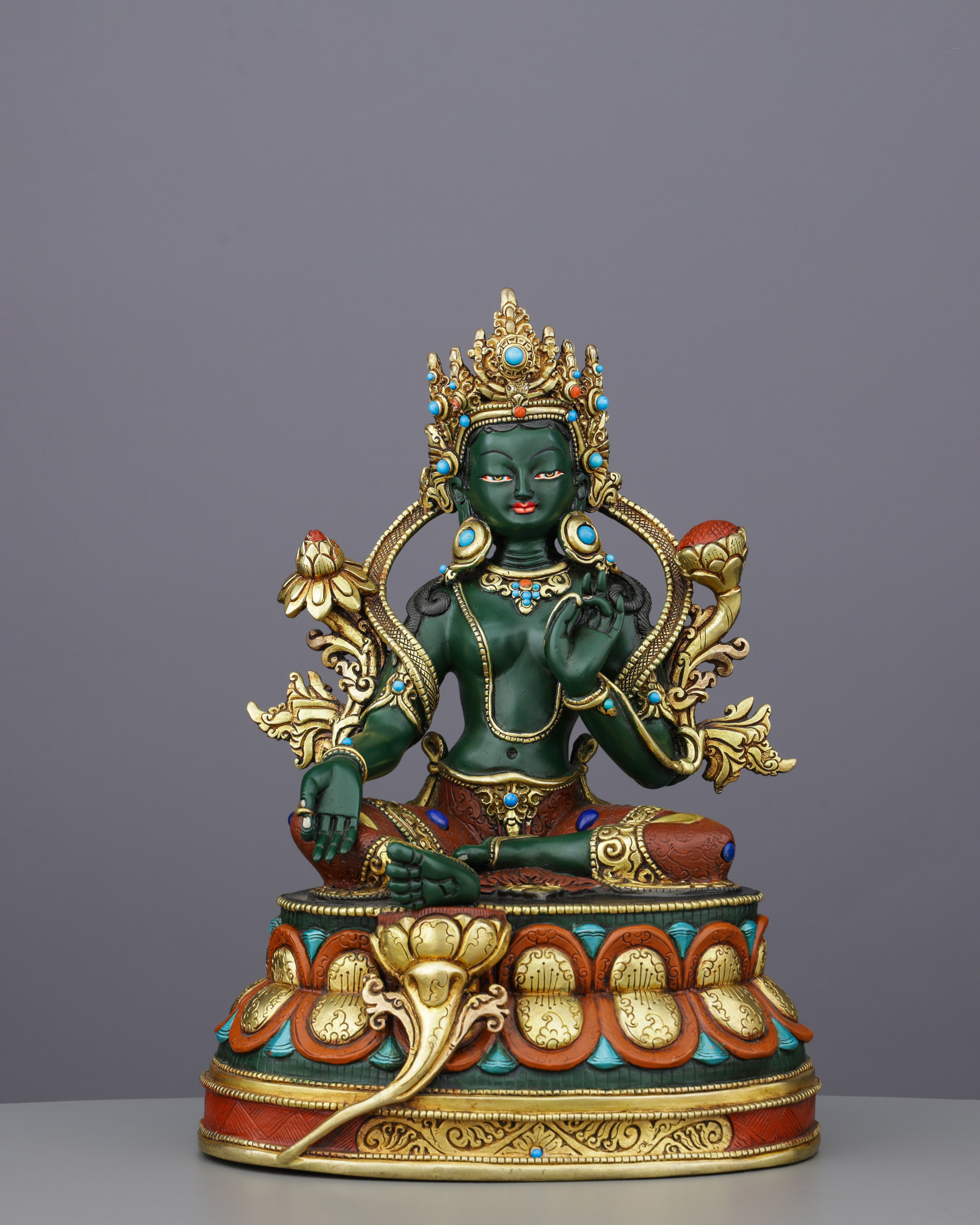Exquisite Green Tara | Gold-Plated Copper Statue&nbsp;