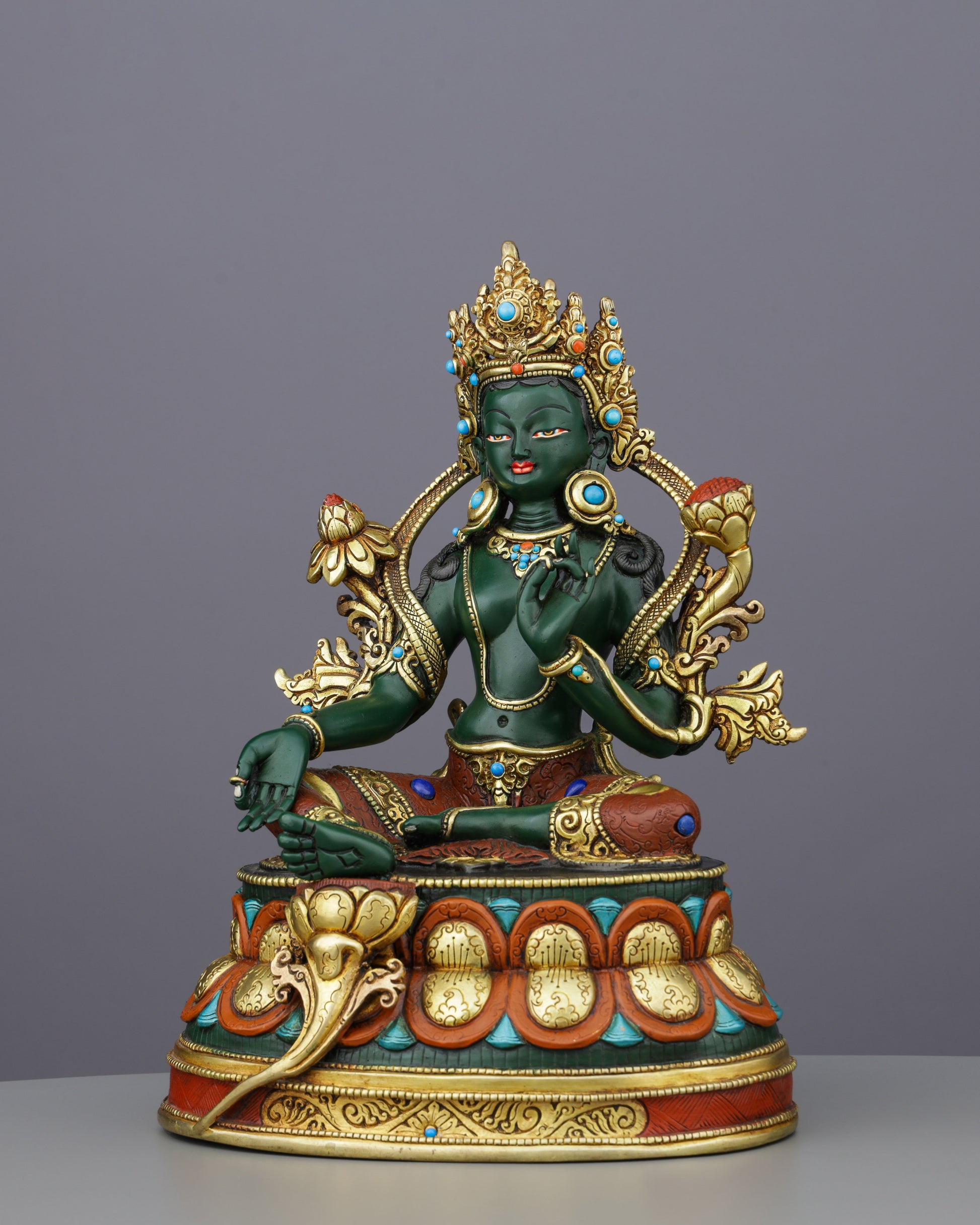 Exquisite Green Tara | Gold-Plated Copper Statue&nbsp; - Authentic Handcrafted Statue