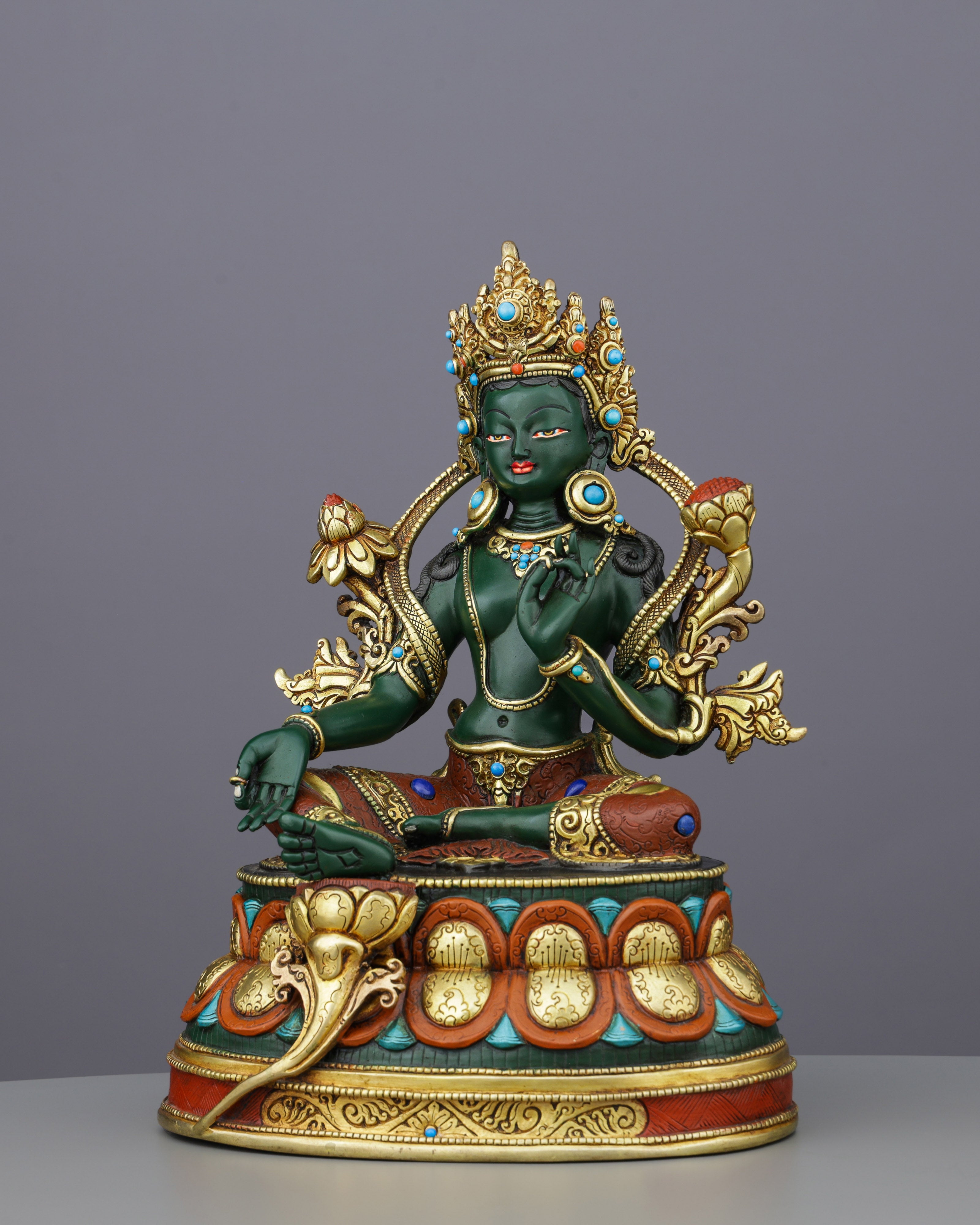 Exquisite Green Tara | Gold-Plated Copper Statue&nbsp;
