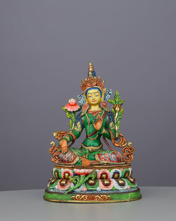 Sacred Green Tara | Hand-Painted Copper Statue with Vibrant Lotus Details