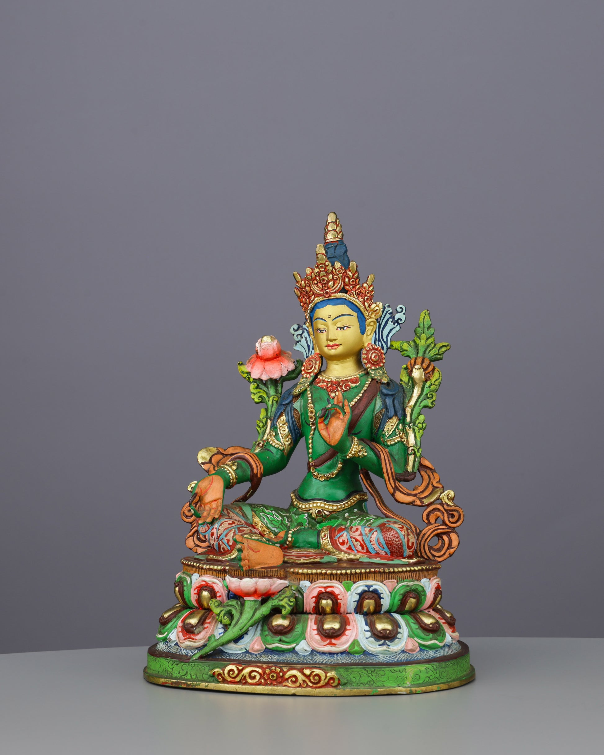 Sacred Green Tara | Hand-Painted Copper Statue with Vibrant Lotus Details - Authentic Handcrafted Statue