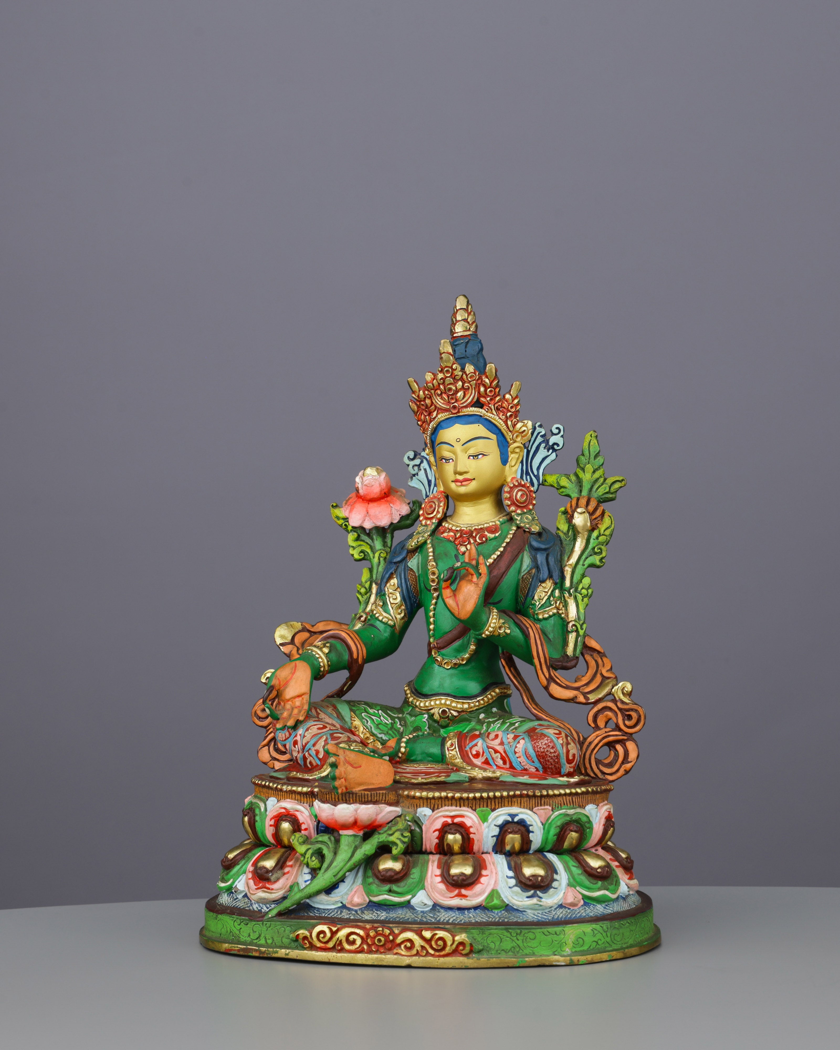 Sacred Green Tara | Hand-Painted Copper Statue with Vibrant Lotus Details