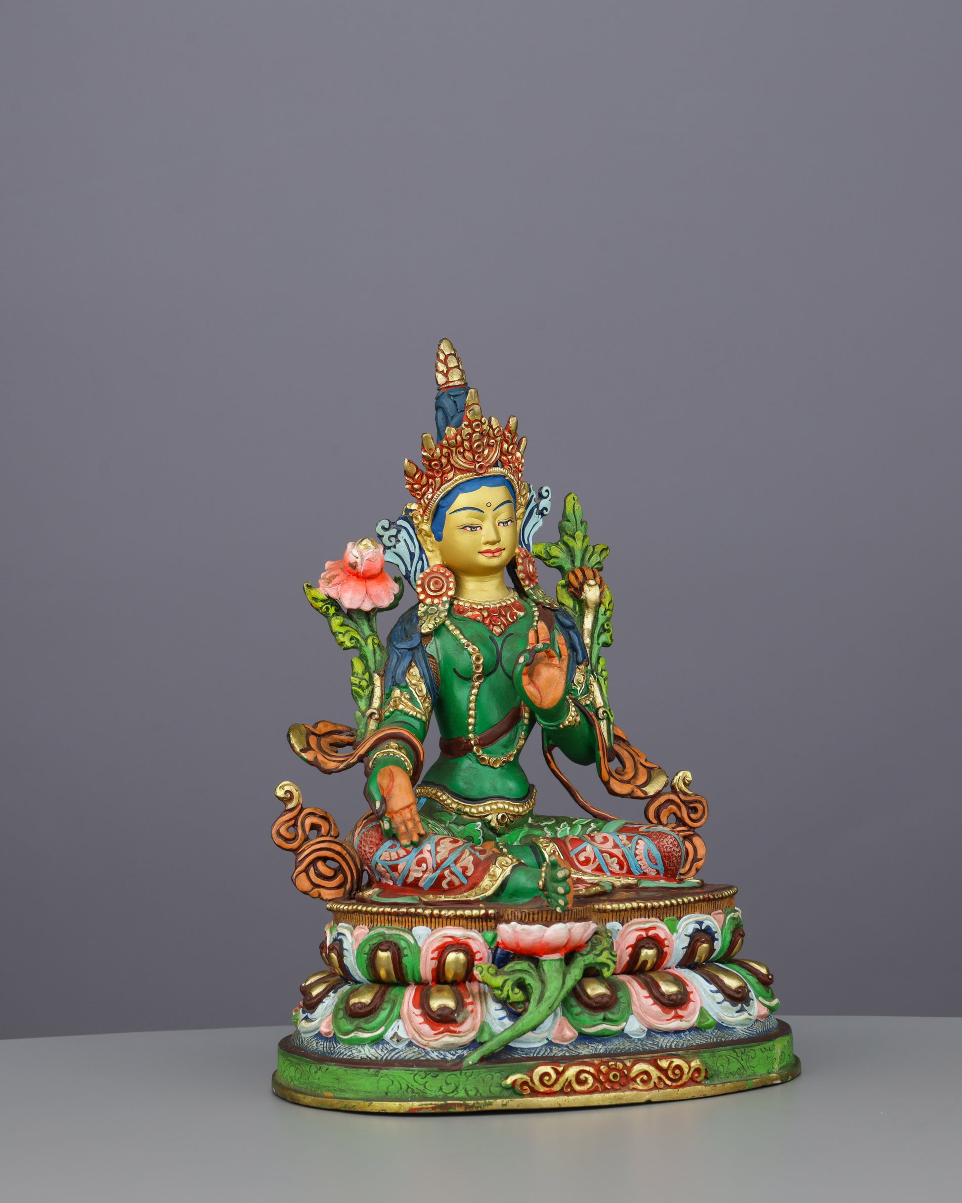 Sacred Green Tara | Hand-Painted Copper Statue with Vibrant Lotus Details - Authentic Handcrafted Statue
