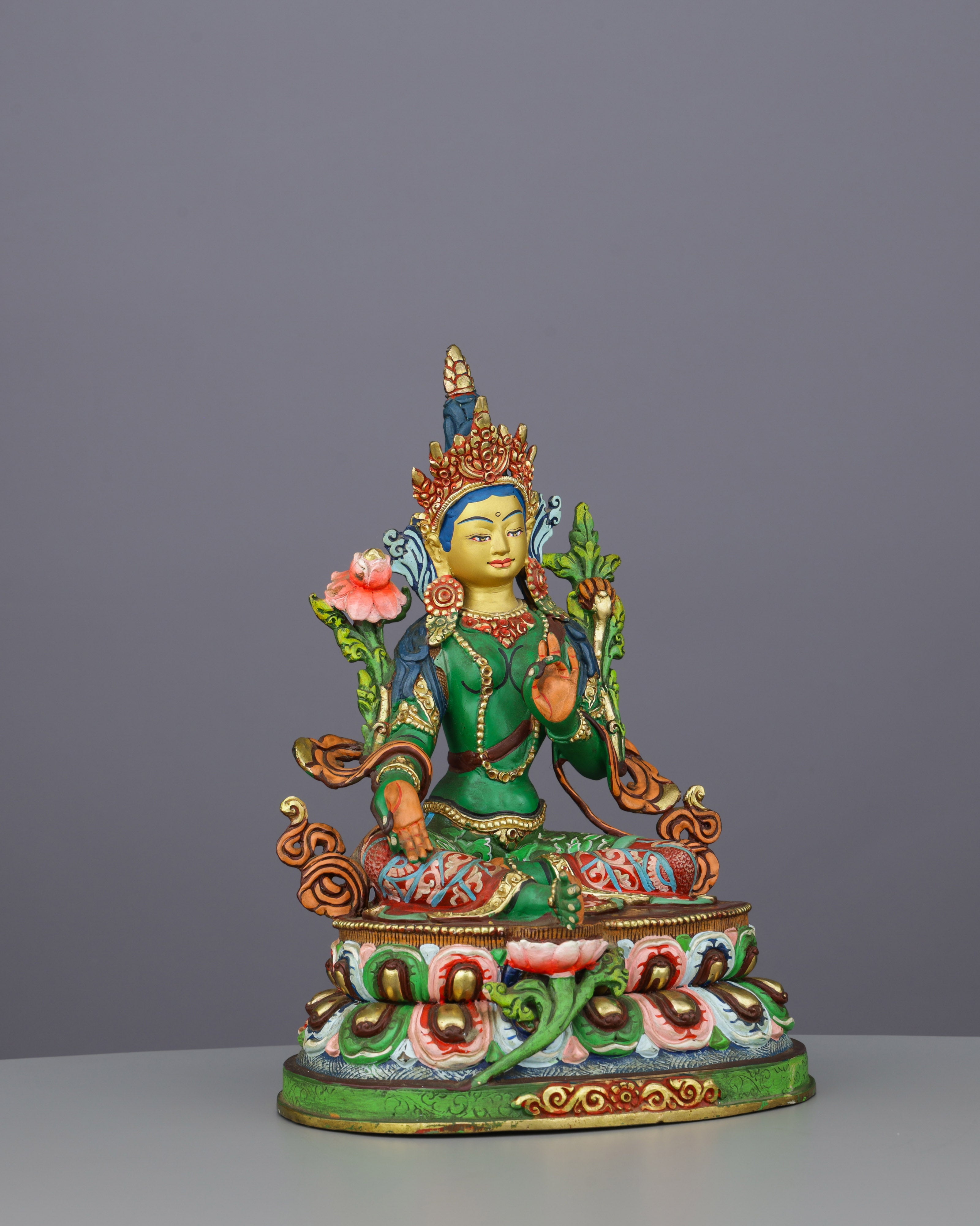 Sacred Green Tara | Hand-Painted Copper Statue with Vibrant Lotus Details
