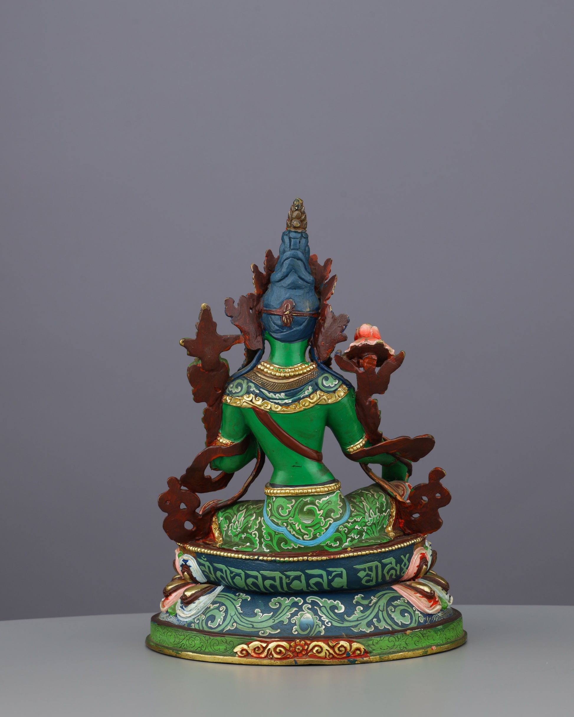 Sacred Green Tara | Hand-Painted Copper Statue with Vibrant Lotus Details - Authentic Handcrafted Statue