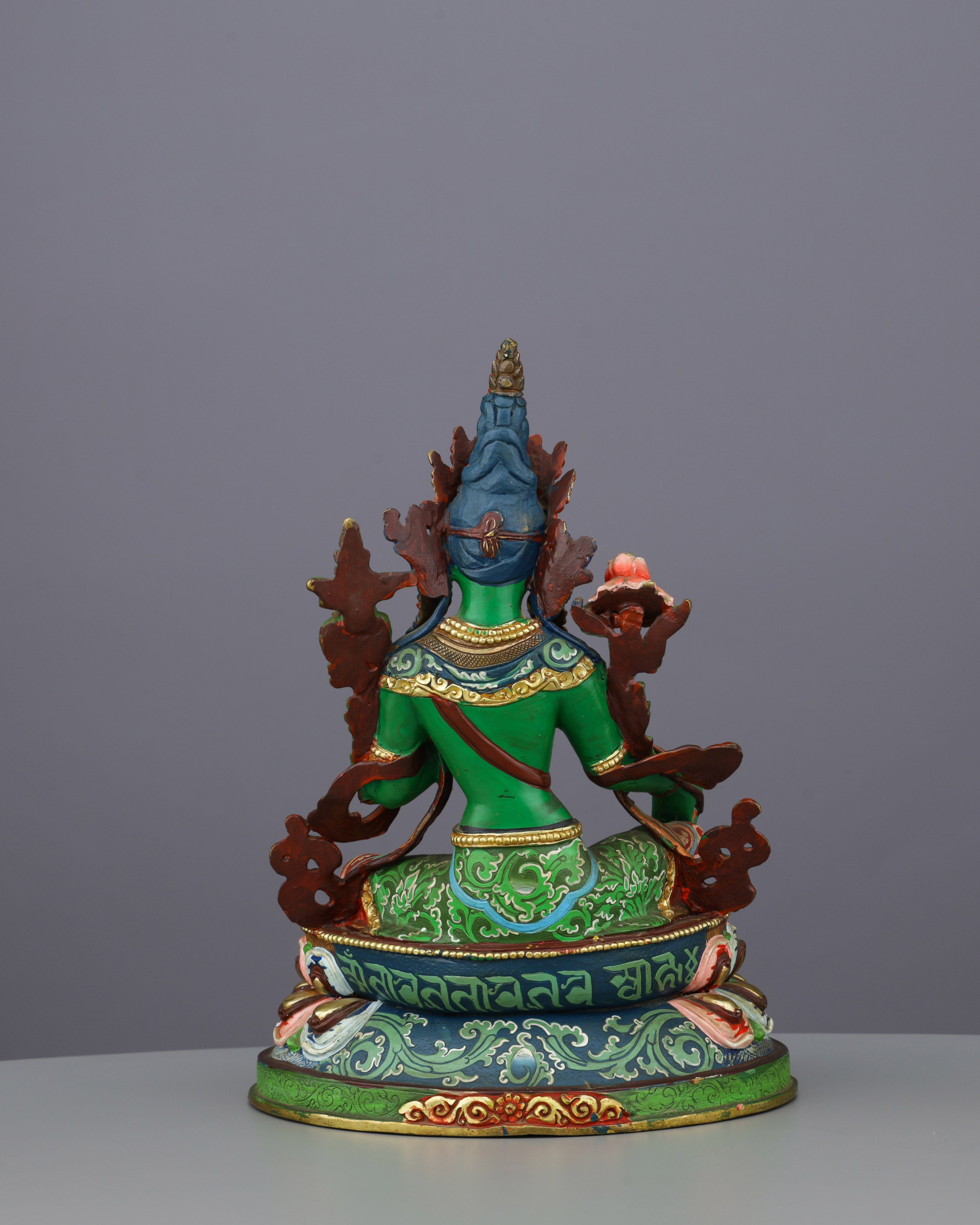 Sacred Green Tara | Hand-Painted Copper Statue with Vibrant Lotus Details
