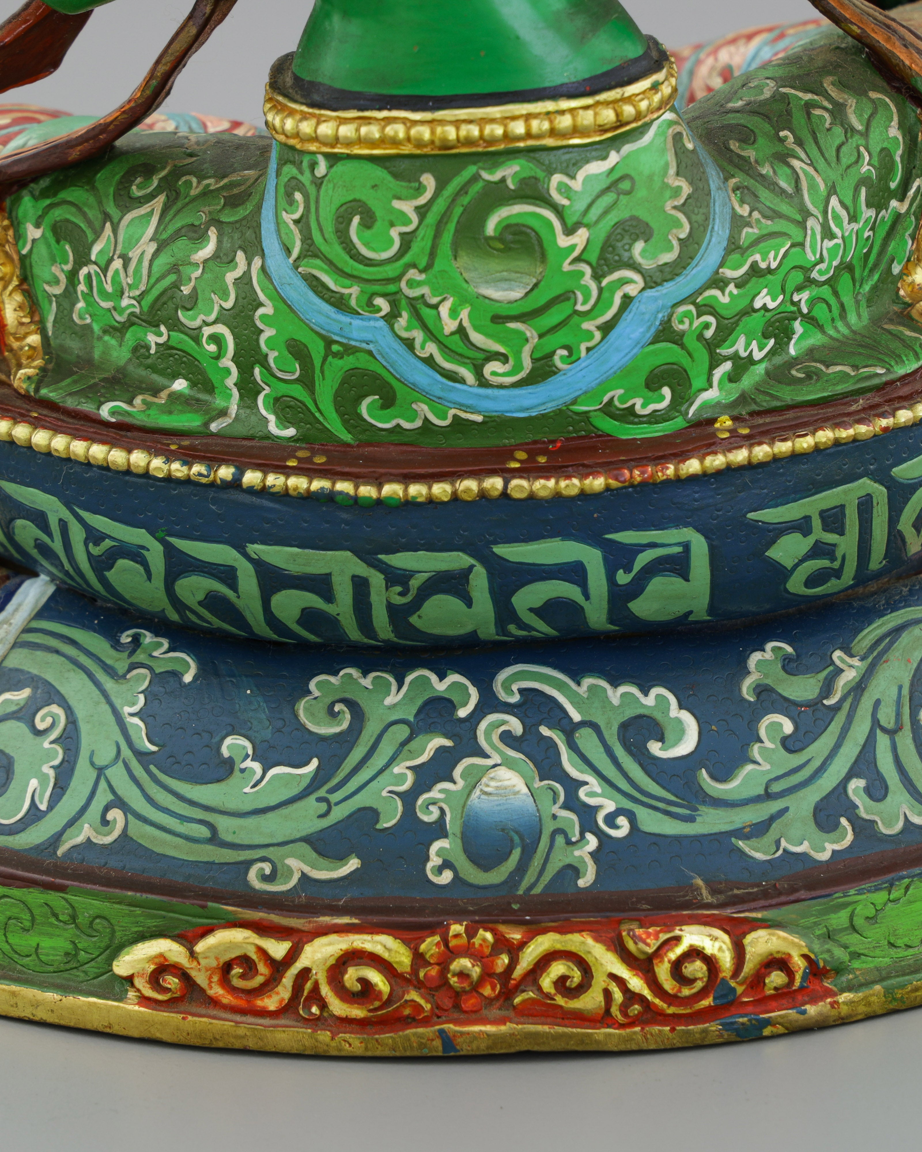 Sacred Green Tara | Hand-Painted Copper Statue with Vibrant Lotus Details