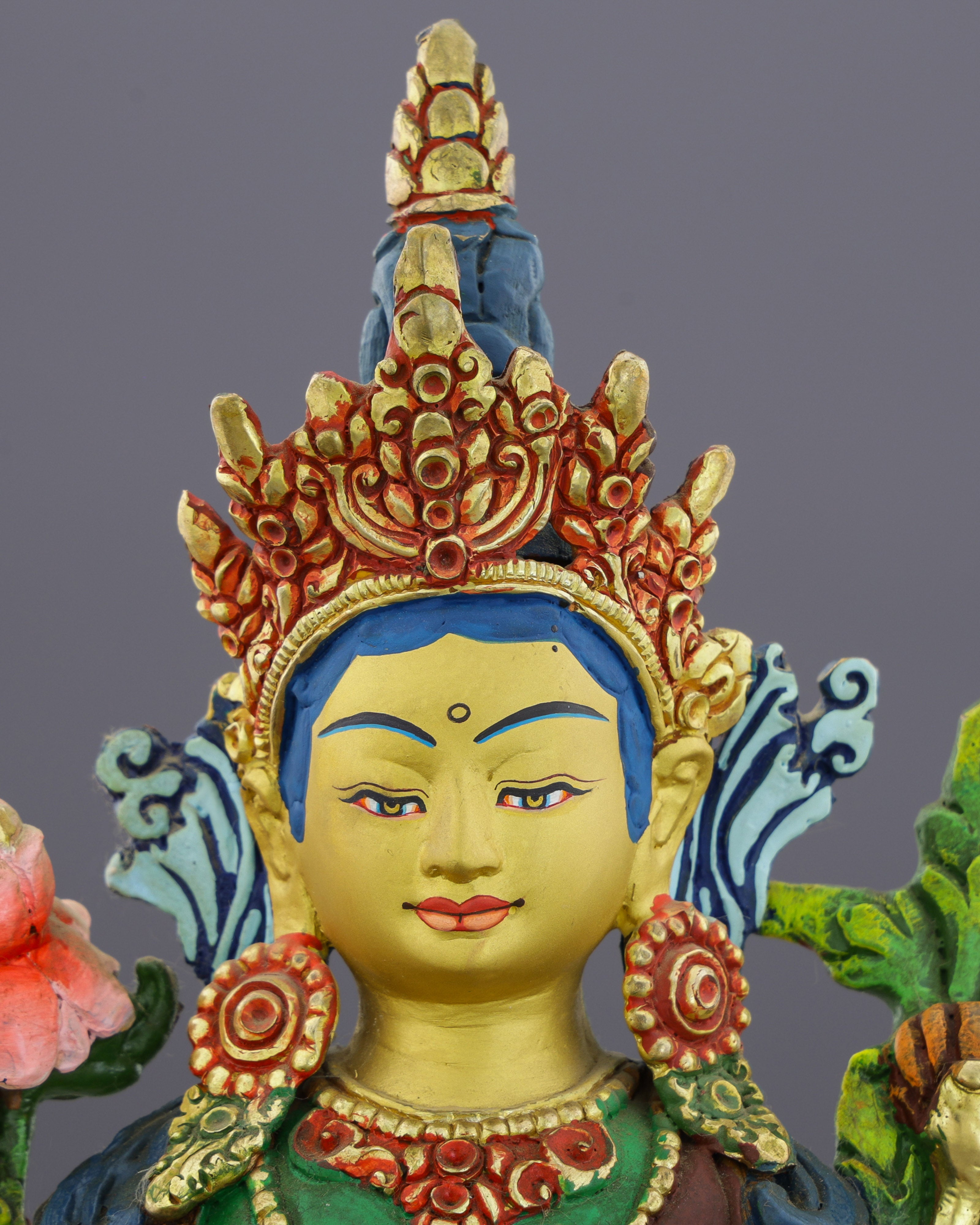 Sacred Green Tara | Hand-Painted Copper Statue with Vibrant Lotus Details