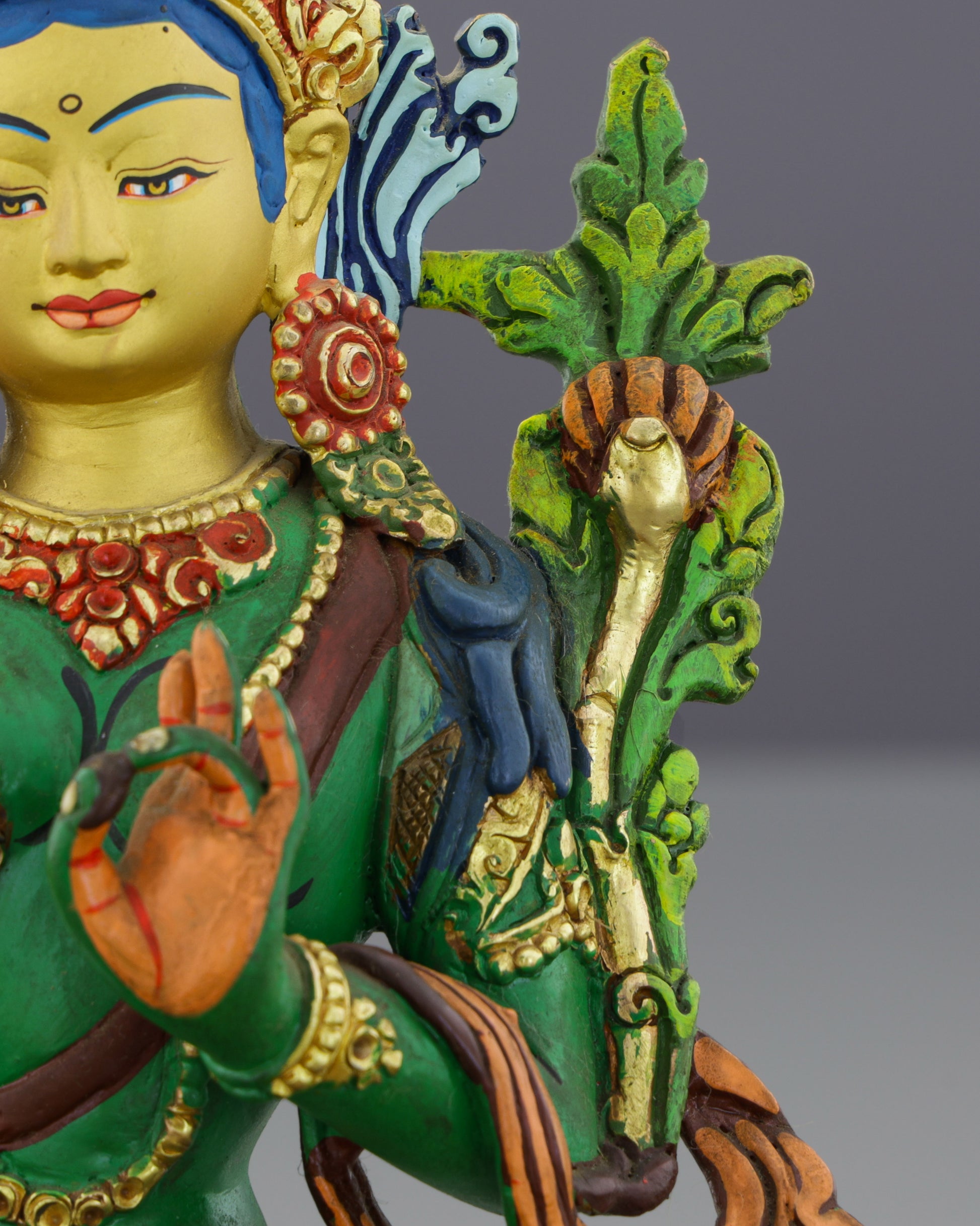 Sacred Green Tara | Hand-Painted Copper Statue with Vibrant Lotus Details - Authentic Handcrafted Statue