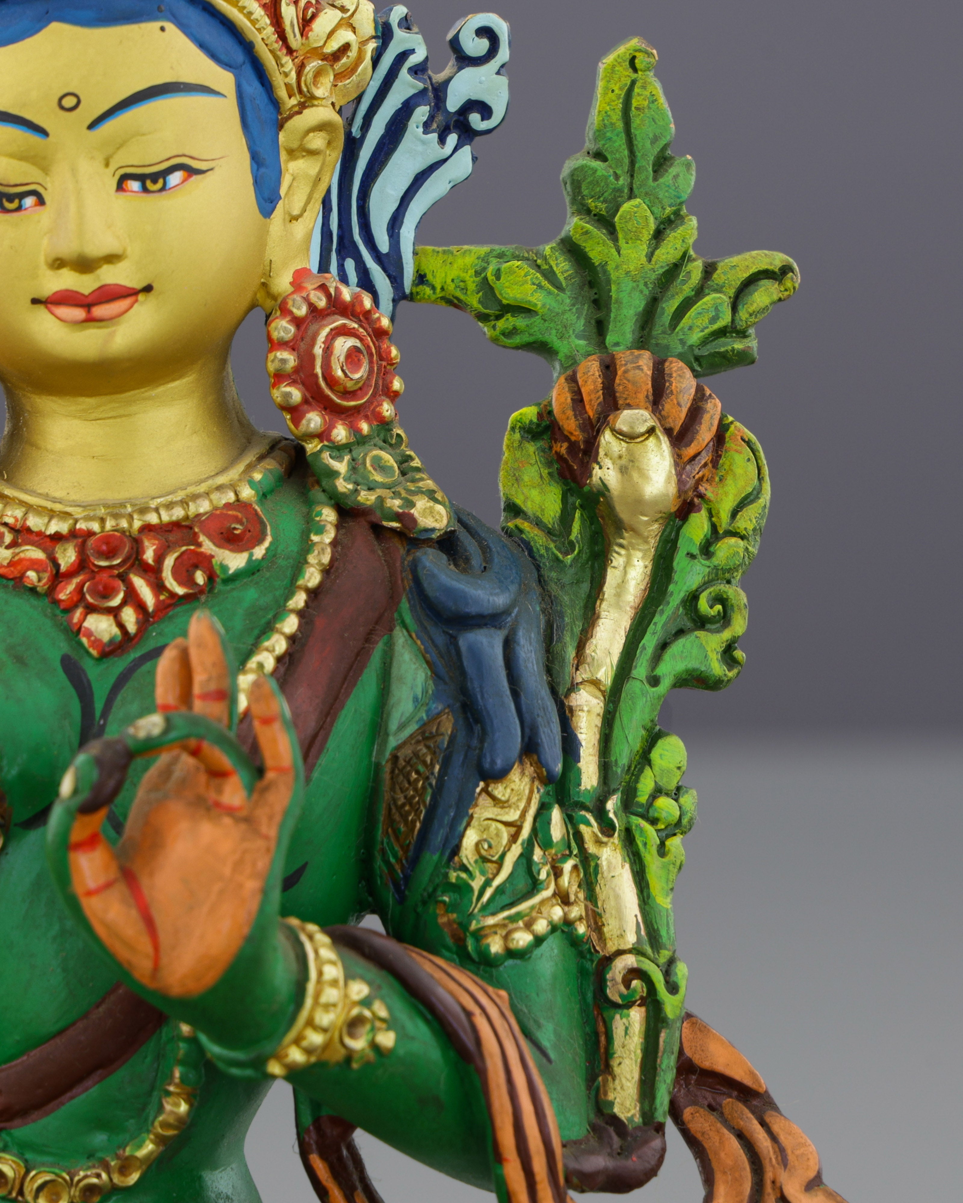 Sacred Green Tara | Hand-Painted Copper Statue with Vibrant Lotus Details