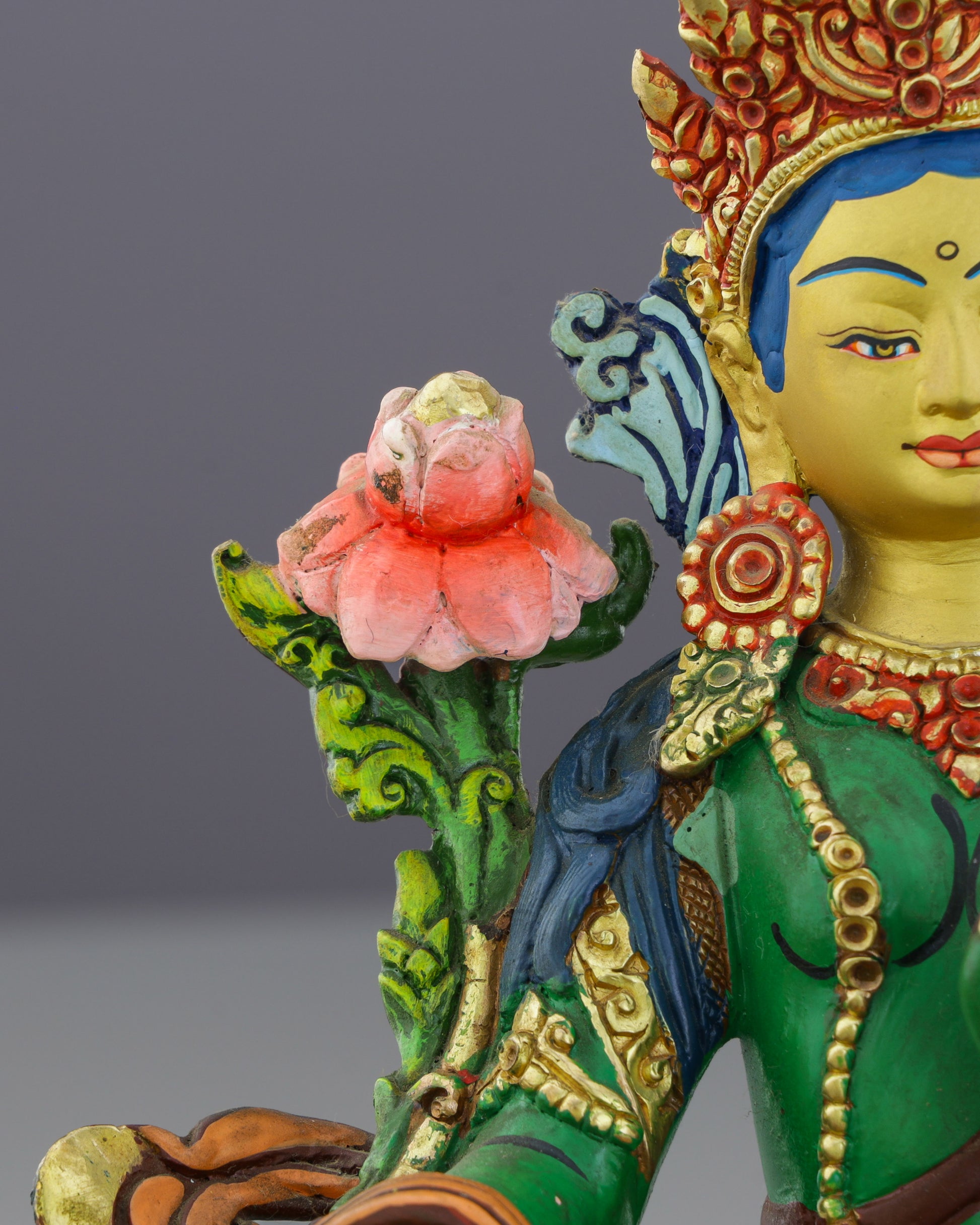 Sacred Green Tara | Hand-Painted Copper Statue with Vibrant Lotus Details - Authentic Handcrafted Statue