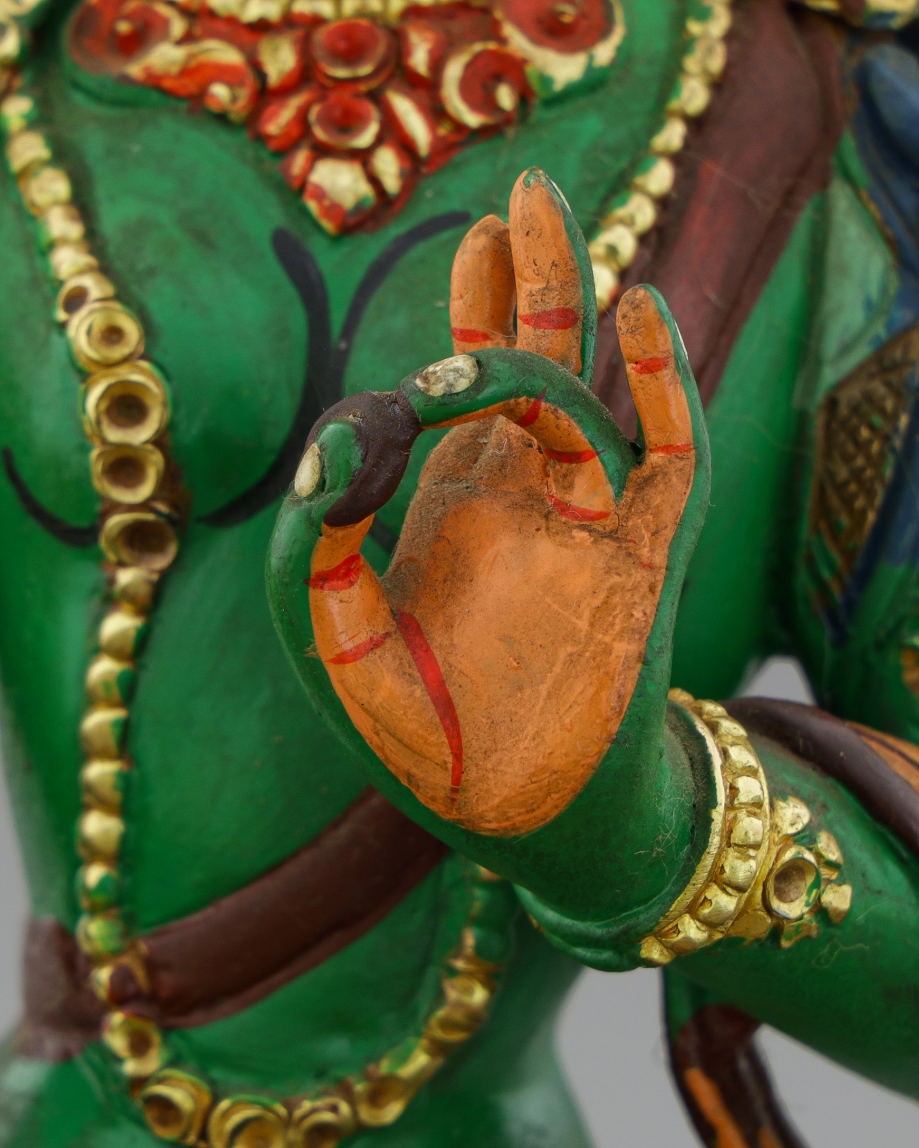 Sacred Green Tara | Hand-Painted Copper Statue with Vibrant Lotus Details