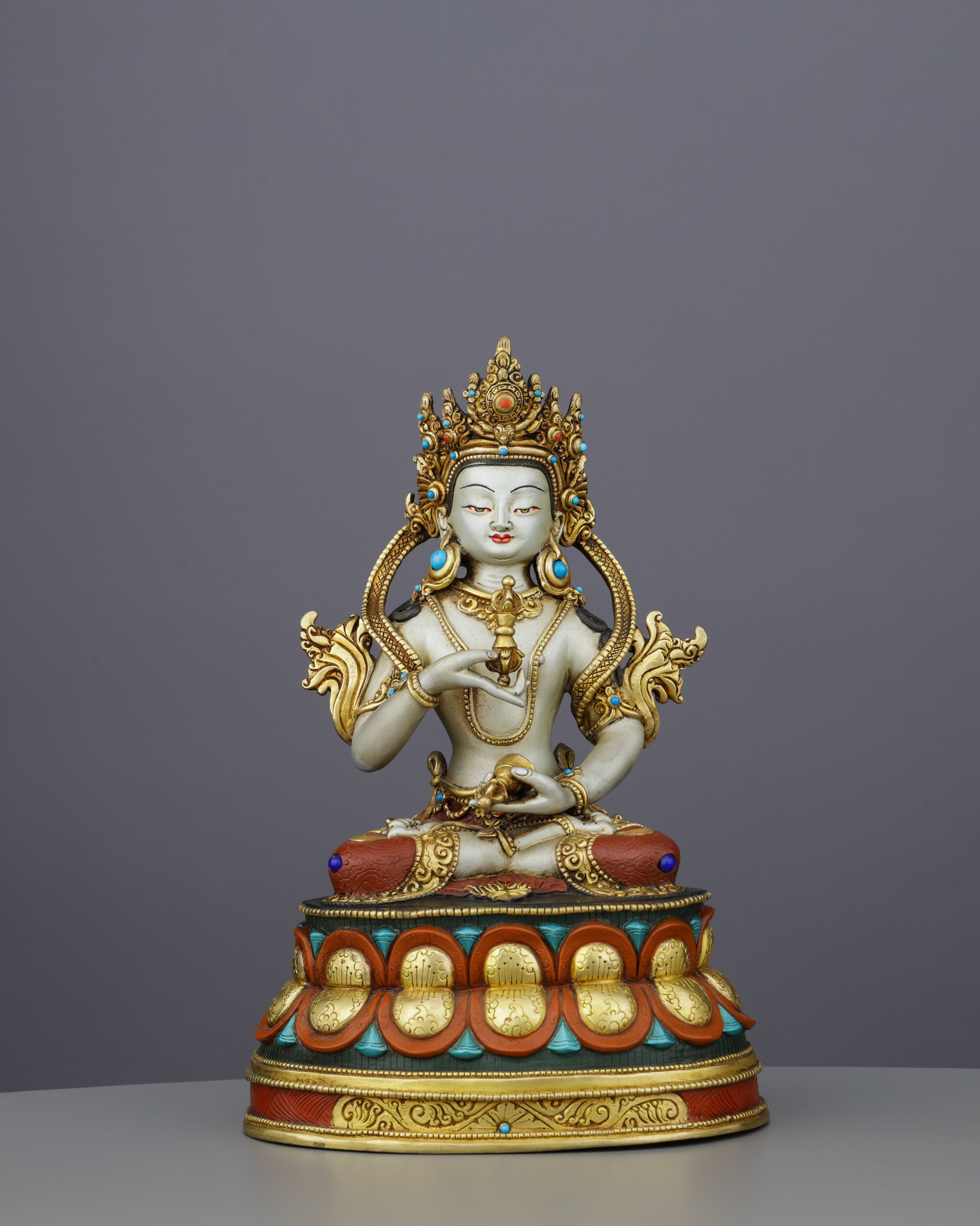 Radiant Vajrasattva | Gold-Plated Copper Statue with Triple Gemstone Inlays