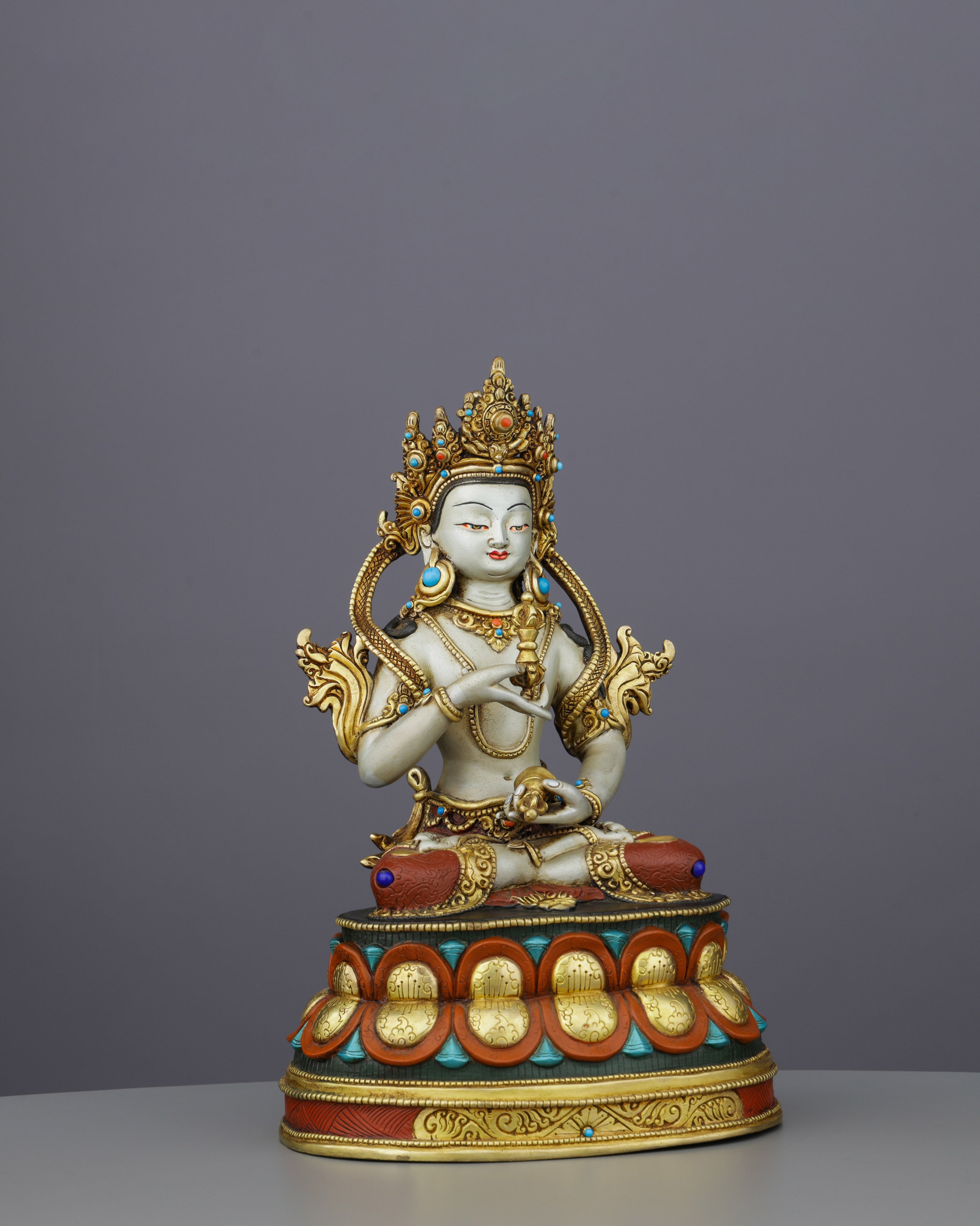 Radiant Vajrasattva | Gold-Plated Copper Statue with Triple Gemstone Inlays