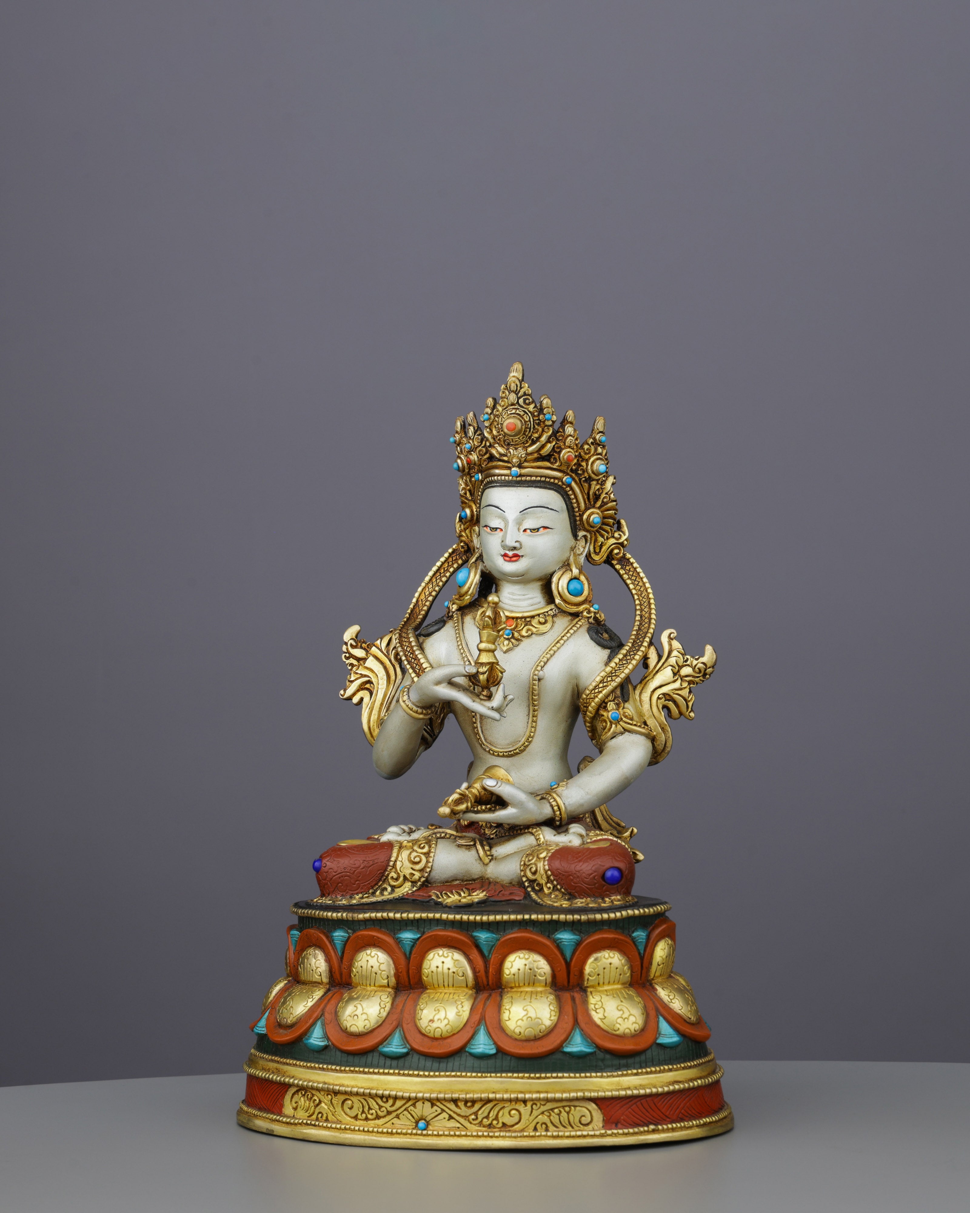 Radiant Vajrasattva | Gold-Plated Copper Statue with Triple Gemstone Inlays