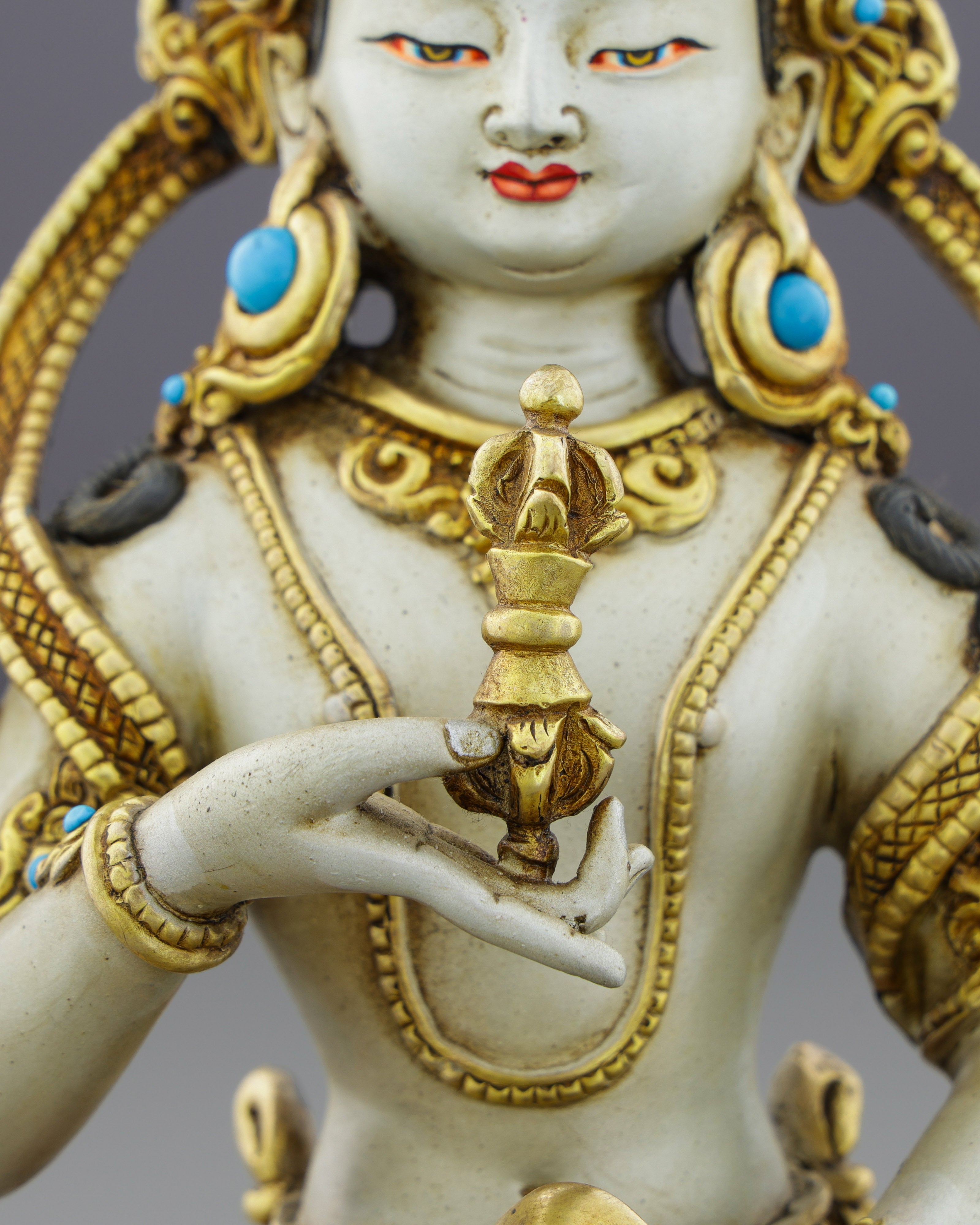 Radiant Vajrasattva | Gold-Plated Copper Statue with Triple Gemstone Inlays
