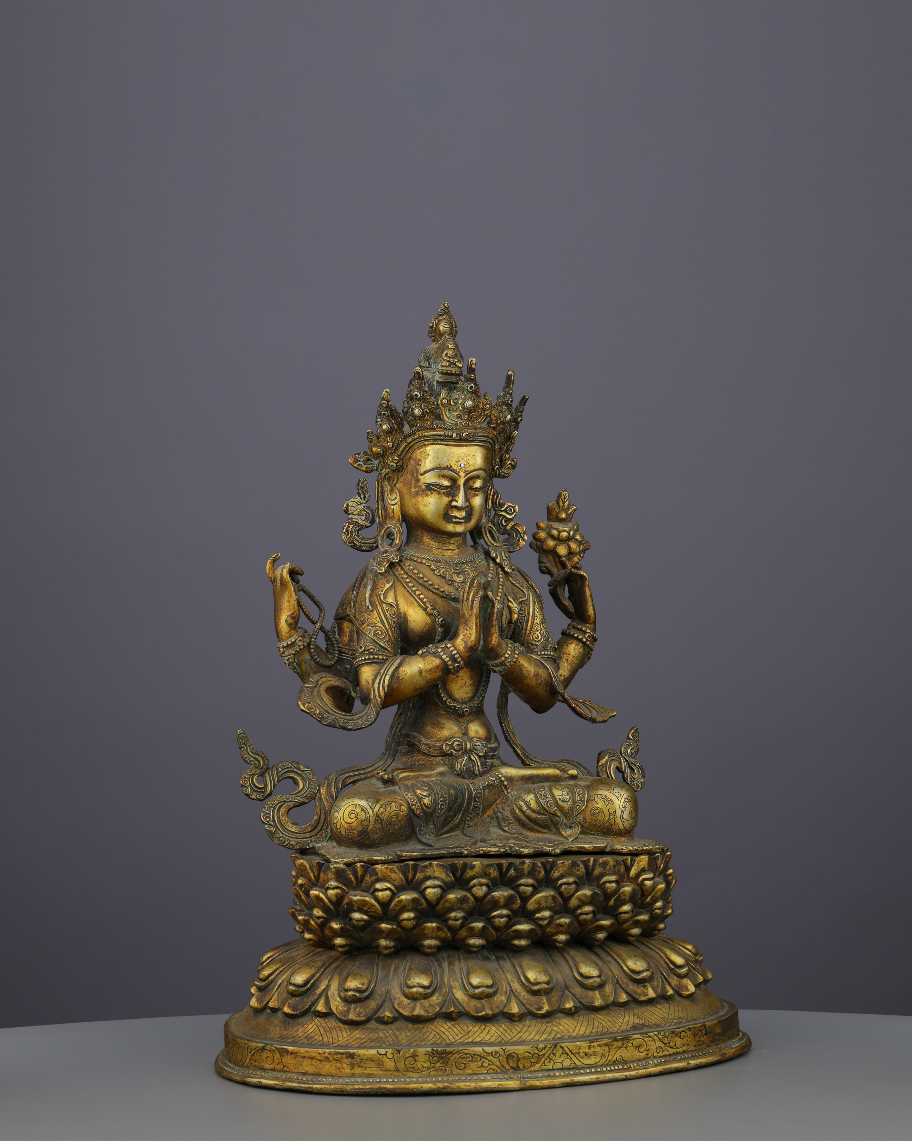 Antique Chengresi Statue | Golden Guardian of Compassion