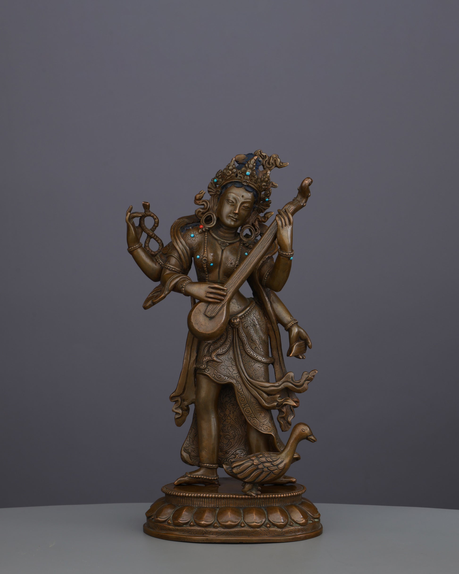 Oxidized Saraswati Statue | Divine Melody of Wisdom from Nepalese Artisans - Authentic Handcrafted Statue