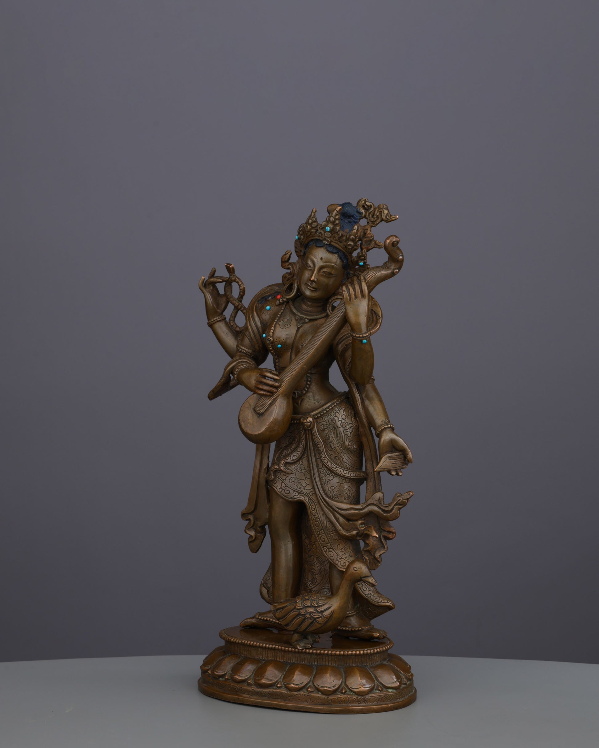 Oxidized Saraswati Statue | Divine Melody of Wisdom from Nepalese Artisans - Authentic Handcrafted Statue
