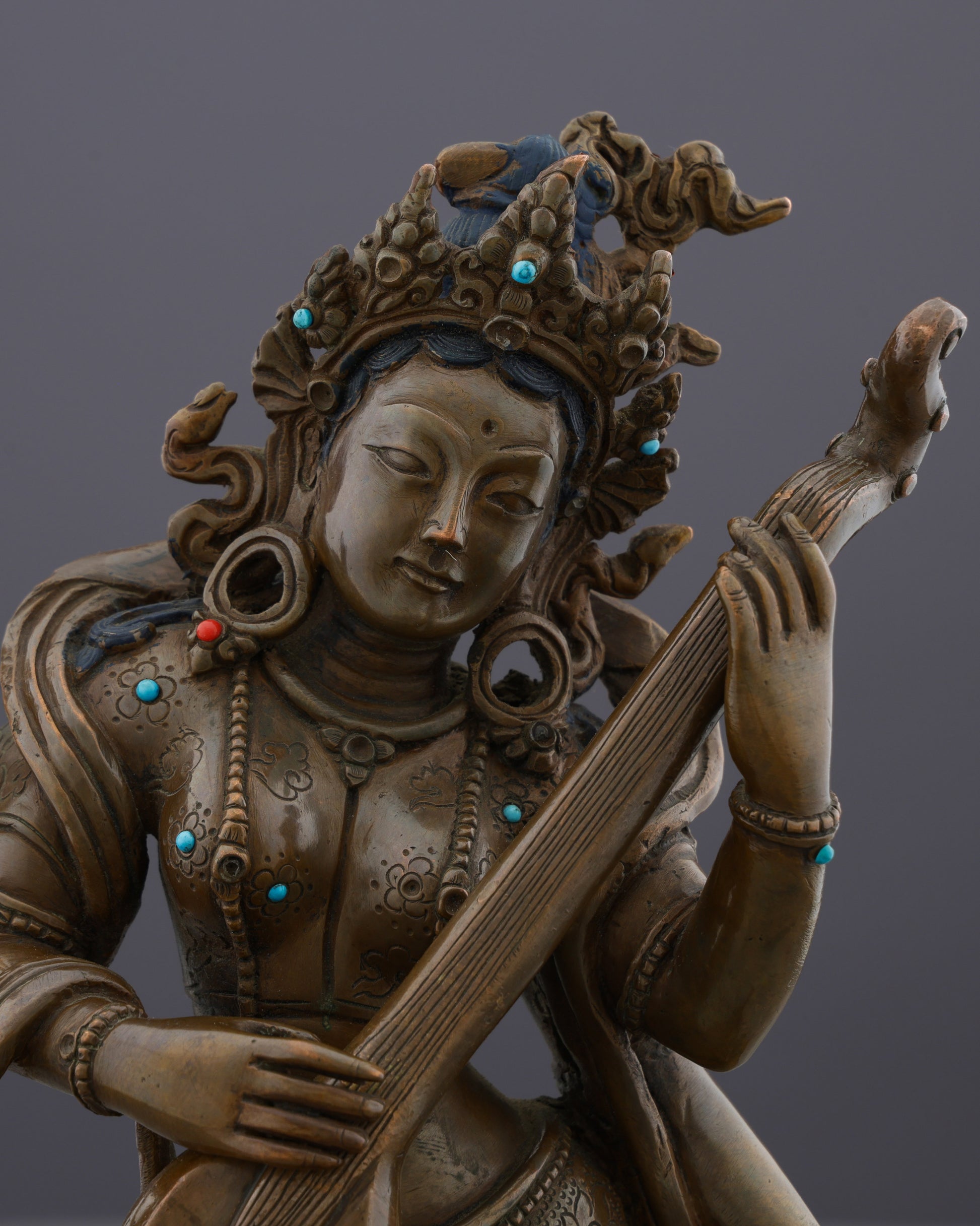 Oxidized Saraswati Statue | Divine Melody of Wisdom from Nepalese Artisans - Authentic Handcrafted Statue
