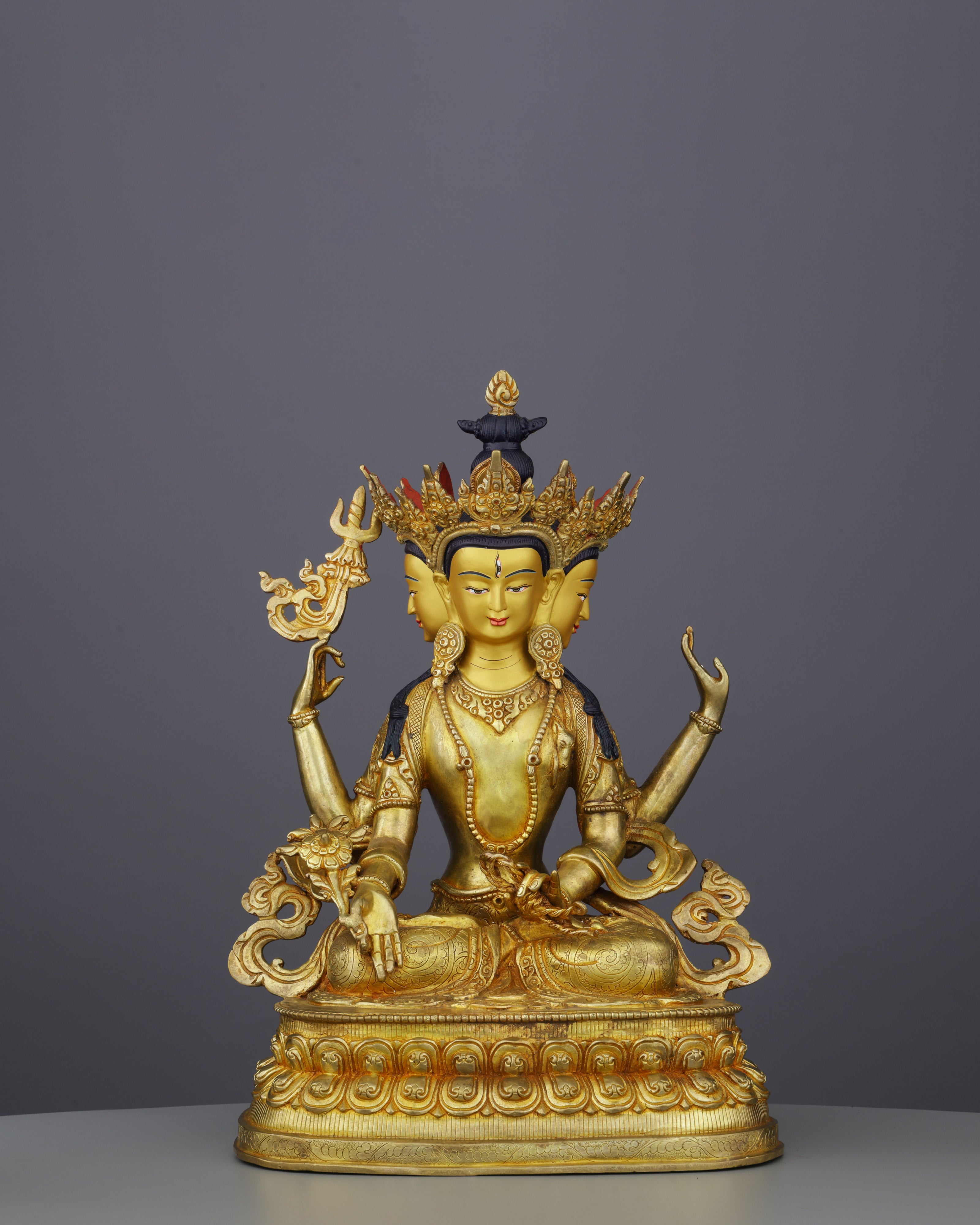 Six-Armed Compassion | Exquisite Nepalese Shadbhuja Avalokiteshvara Statue in 24K Gold