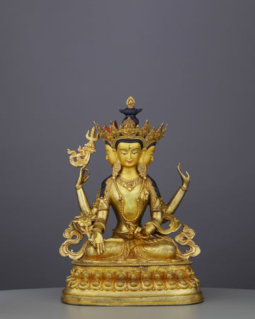 Six-Armed Compassion | Exquisite Nepalese Shadbhuja Avalokiteshvara Statue in 24K Gold