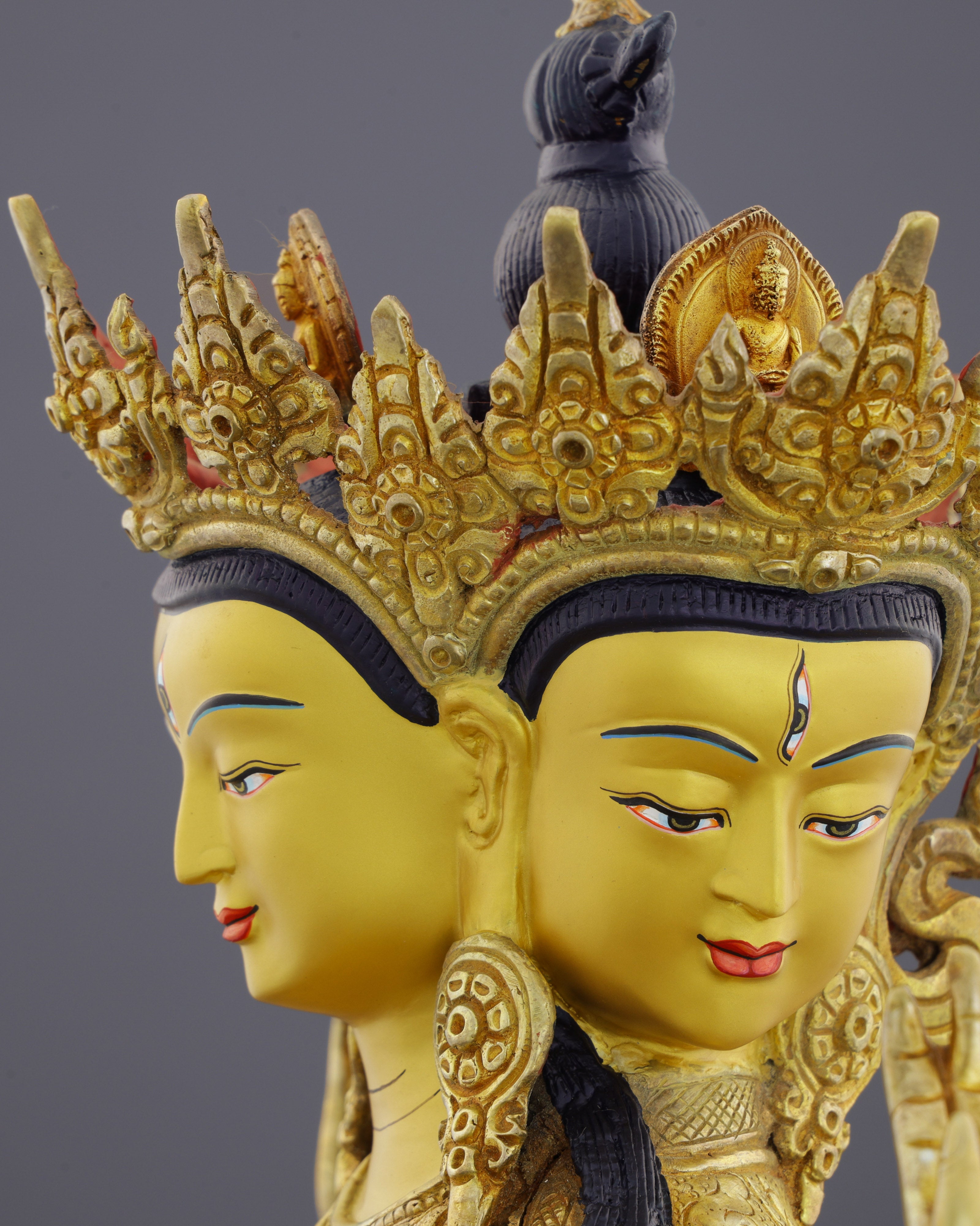 Six-Armed Compassion | Exquisite Nepalese Shadbhuja Avalokiteshvara Statue in 24K Gold