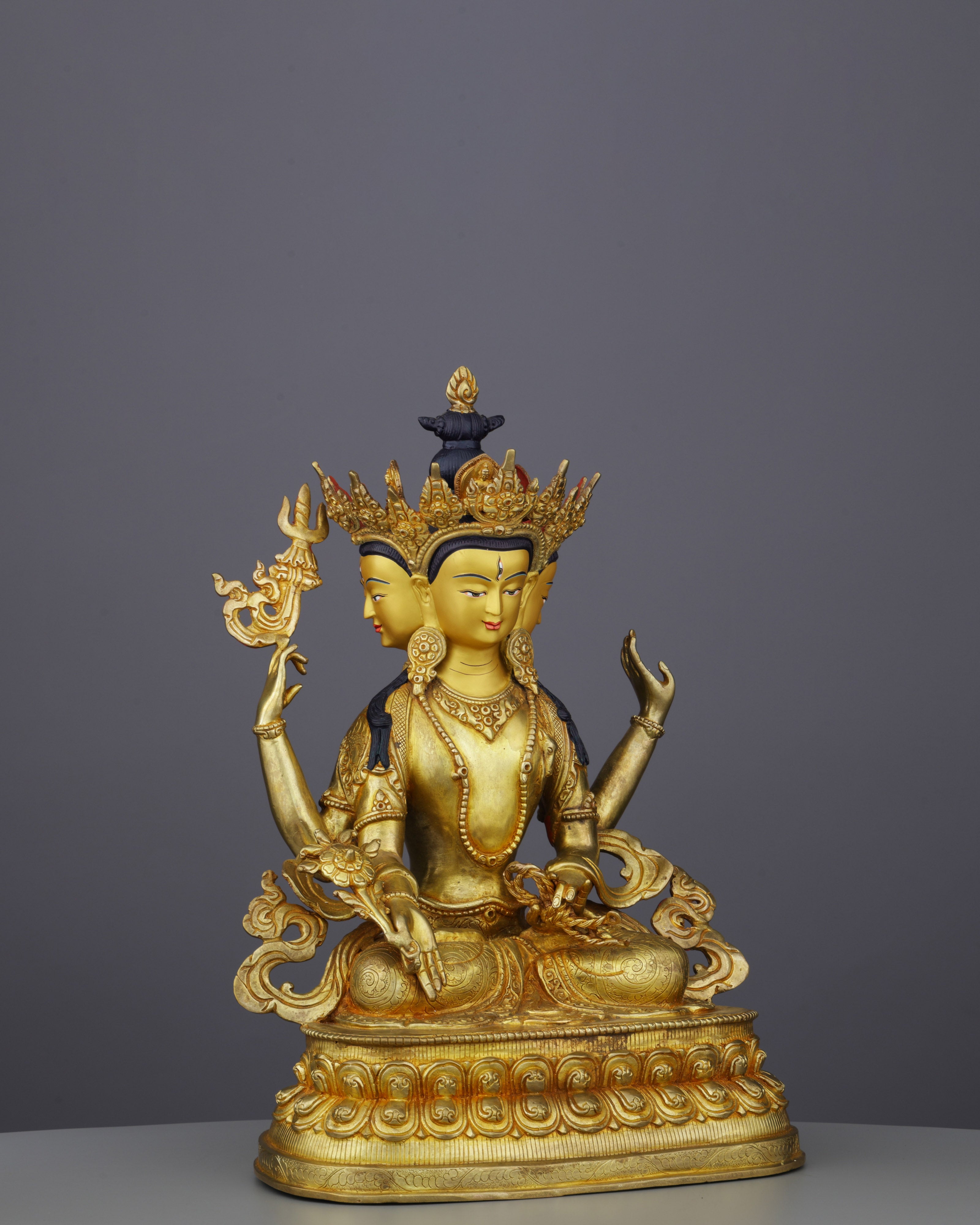 Six-Armed Compassion | Exquisite Nepalese Shadbhuja Avalokiteshvara Statue in 24K Gold