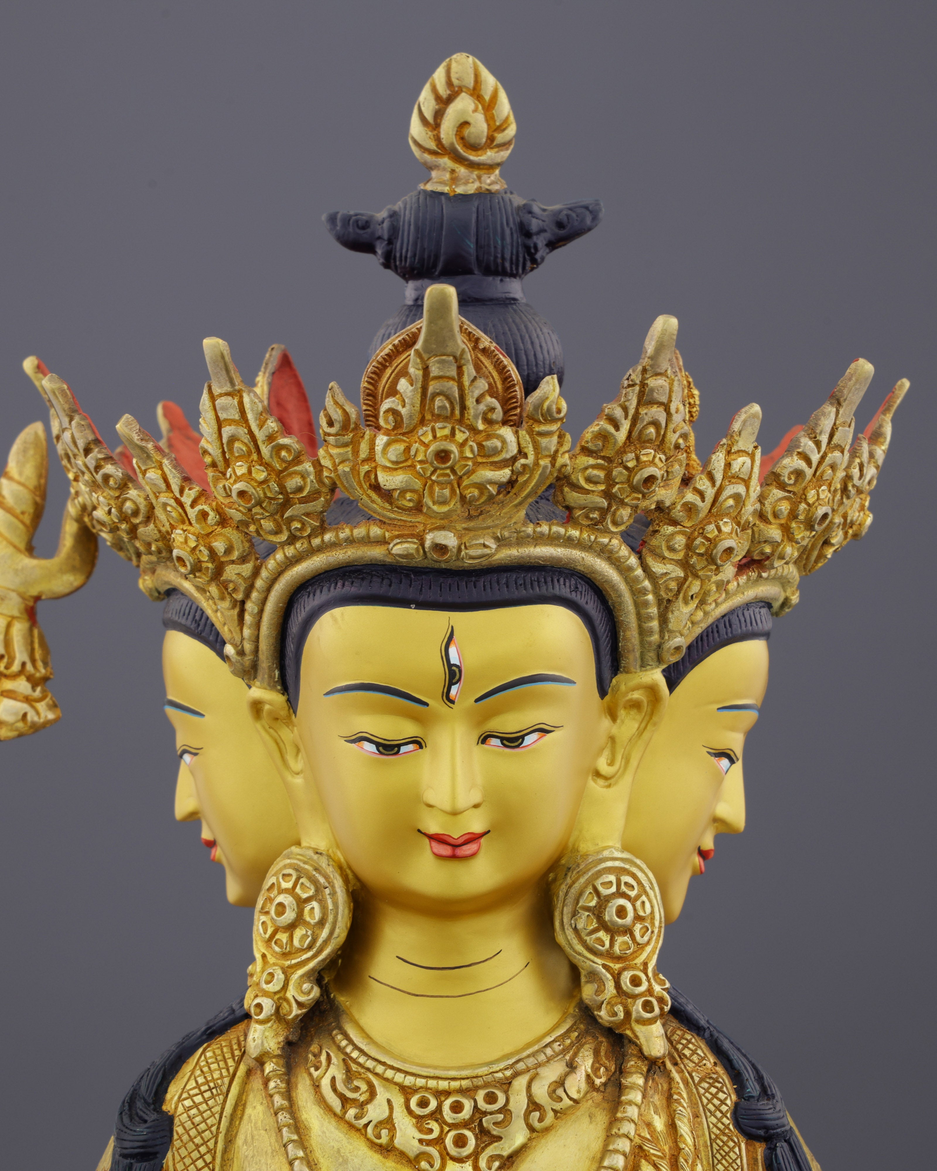 Six-Armed Compassion | Exquisite Nepalese Shadbhuja Avalokiteshvara Statue in 24K Gold