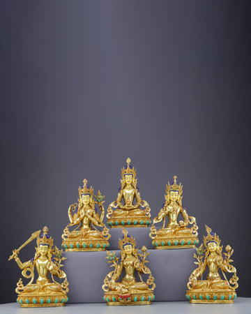 Radiant Golden Bodhisattva Set | Five Celestial Protectors in Luminous Splendor