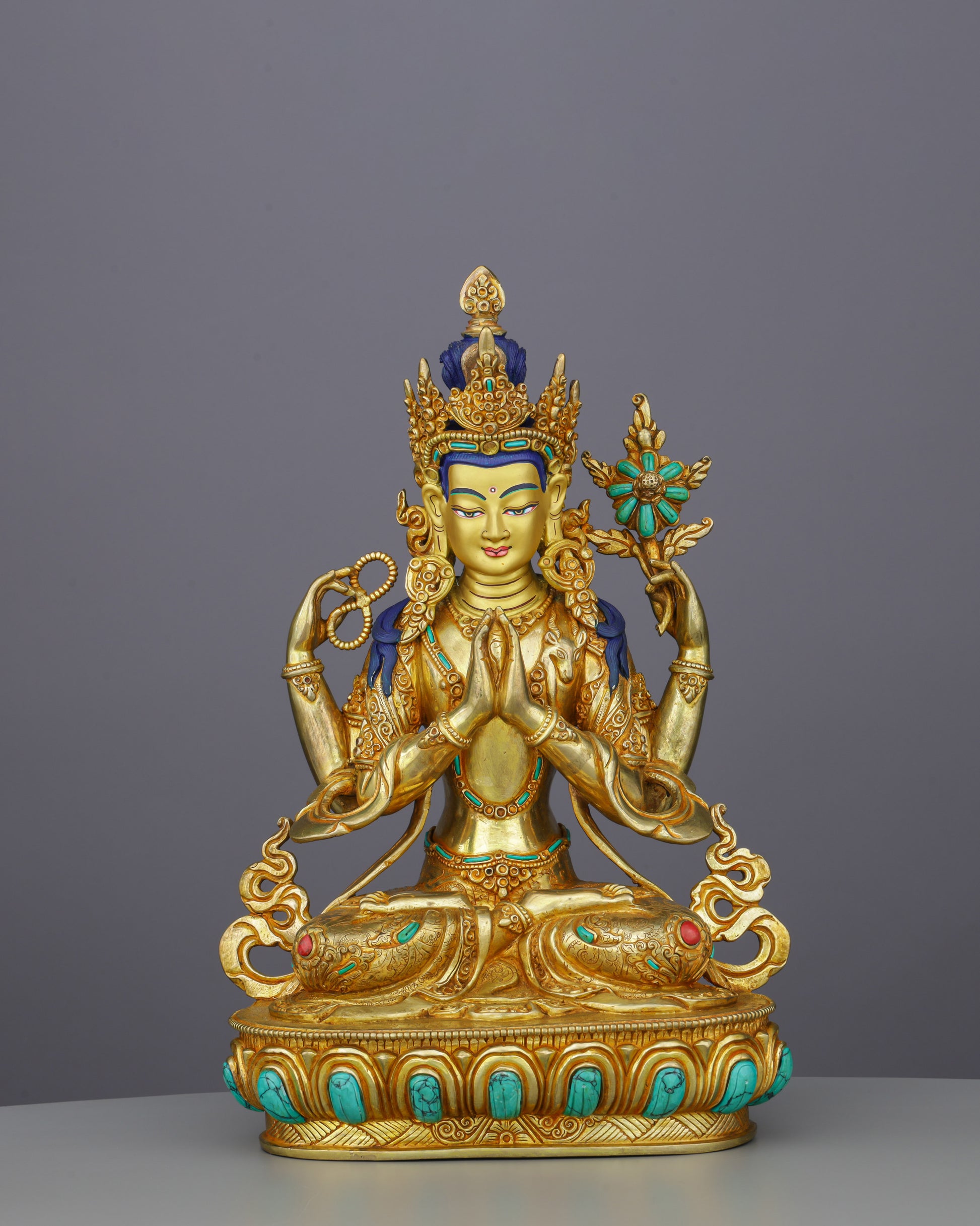 Chengresi Statue | Four-Armed Compassion Buddha in Radiant Gold - Authentic Handcrafted Statue