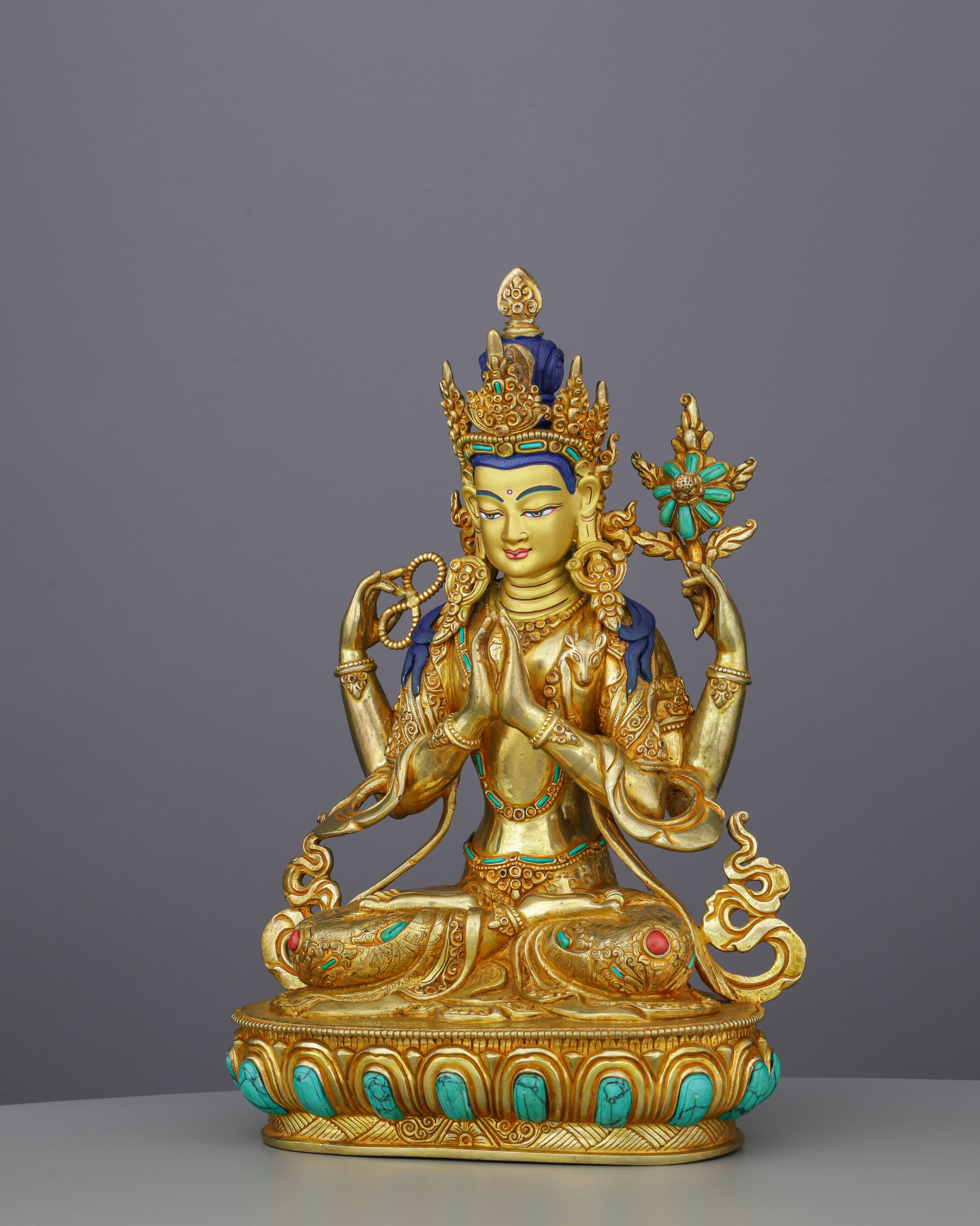 Chengresi Statue | Four-Armed Compassion Buddha in Radiant Gold - Authentic Handcrafted Statue