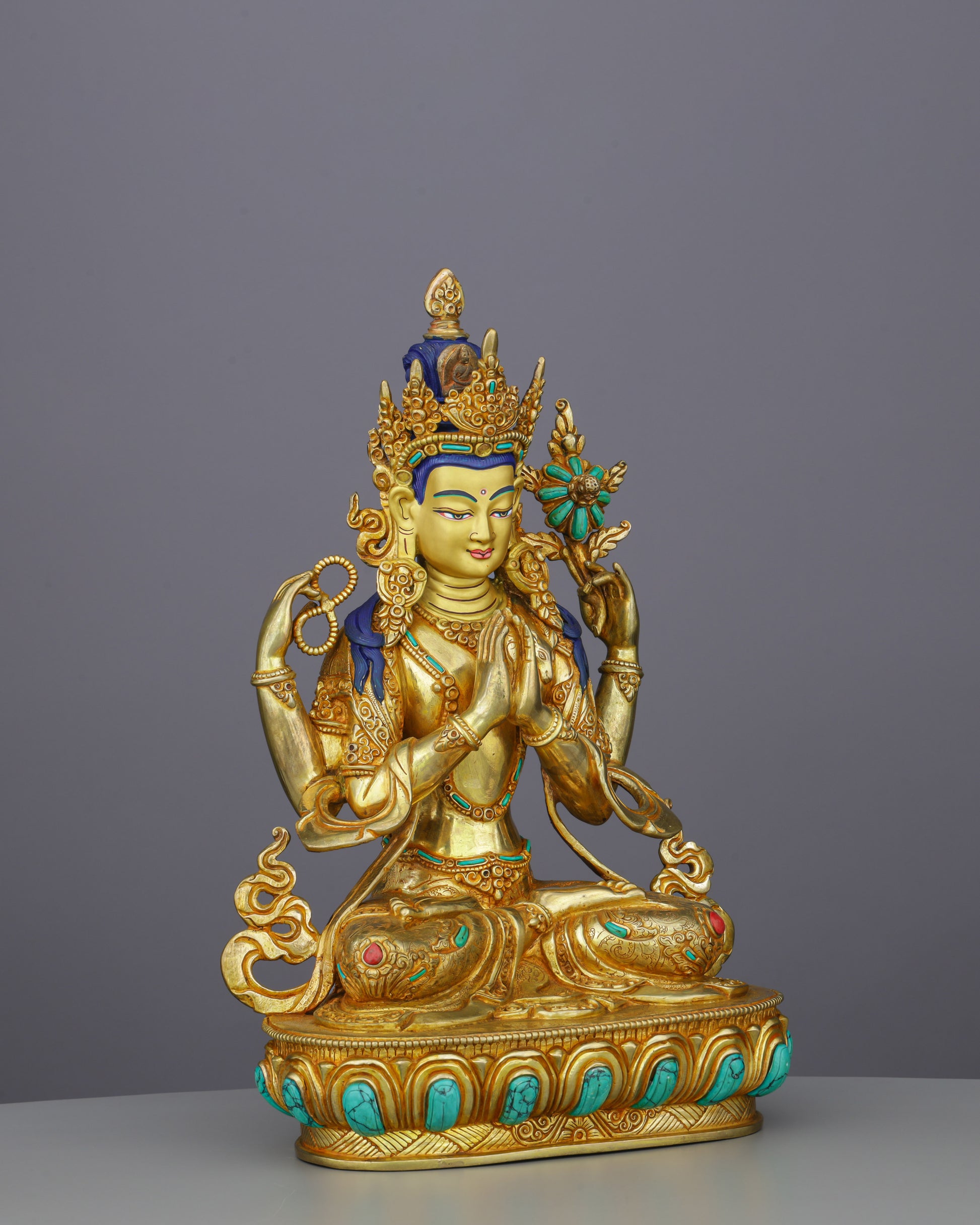 Chengresi Statue | Four-Armed Compassion Buddha in Radiant Gold - Authentic Handcrafted Statue