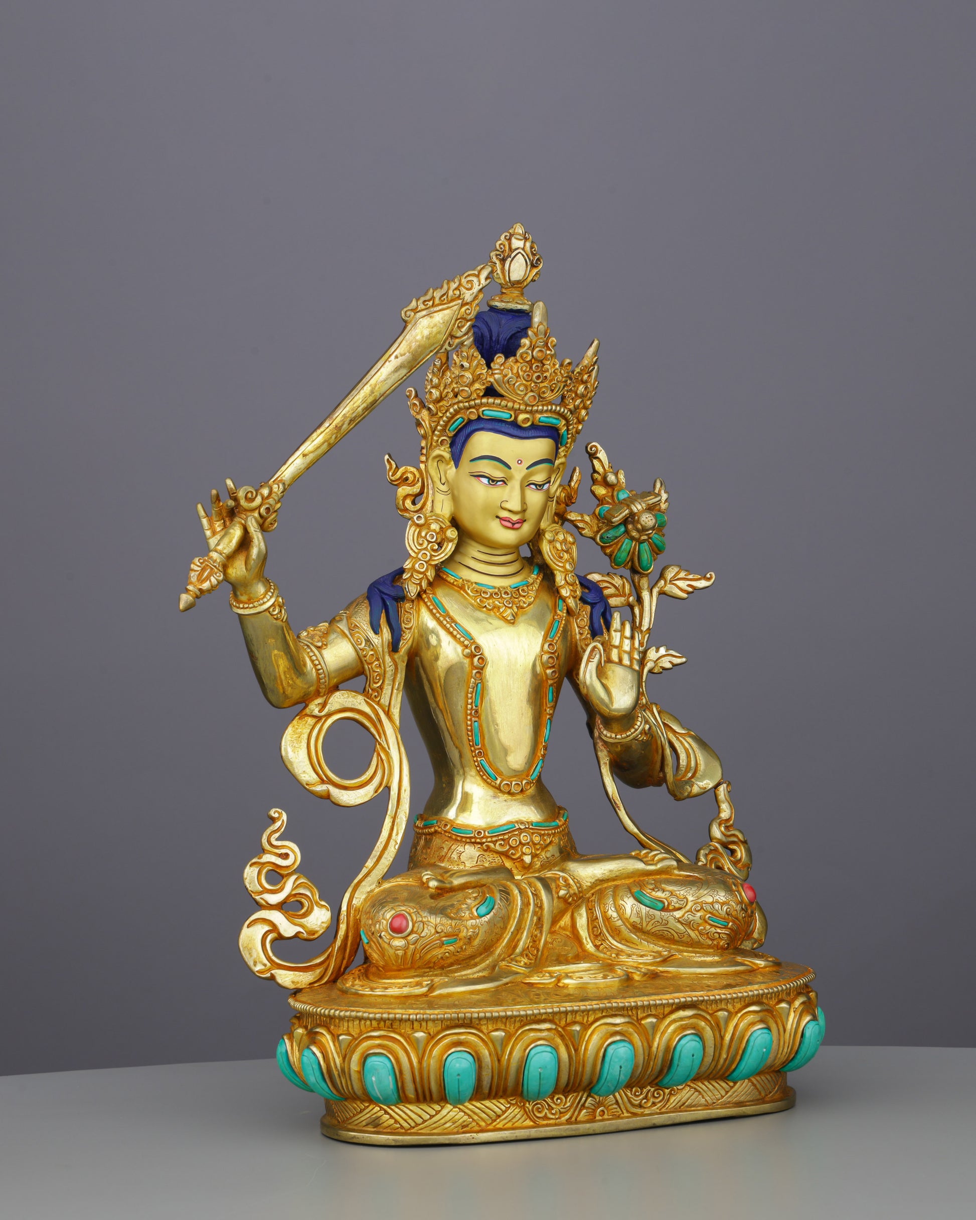 Manjushri | Bodhisattva of Transcendent Wisdom in Celestial Gold - Authentic Handcrafted Statue