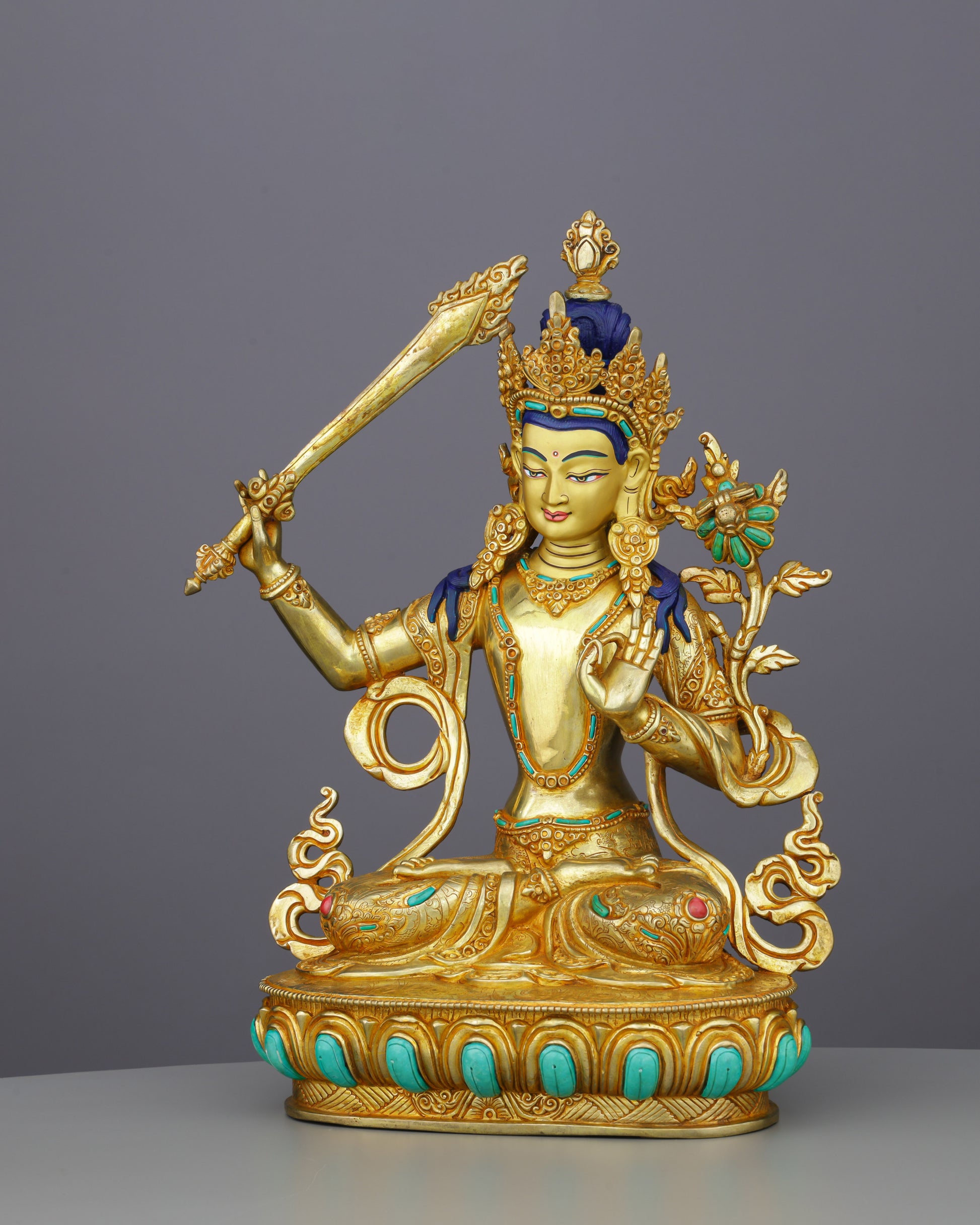 Manjushri | Bodhisattva of Transcendent Wisdom in Celestial Gold - Authentic Handcrafted Statue