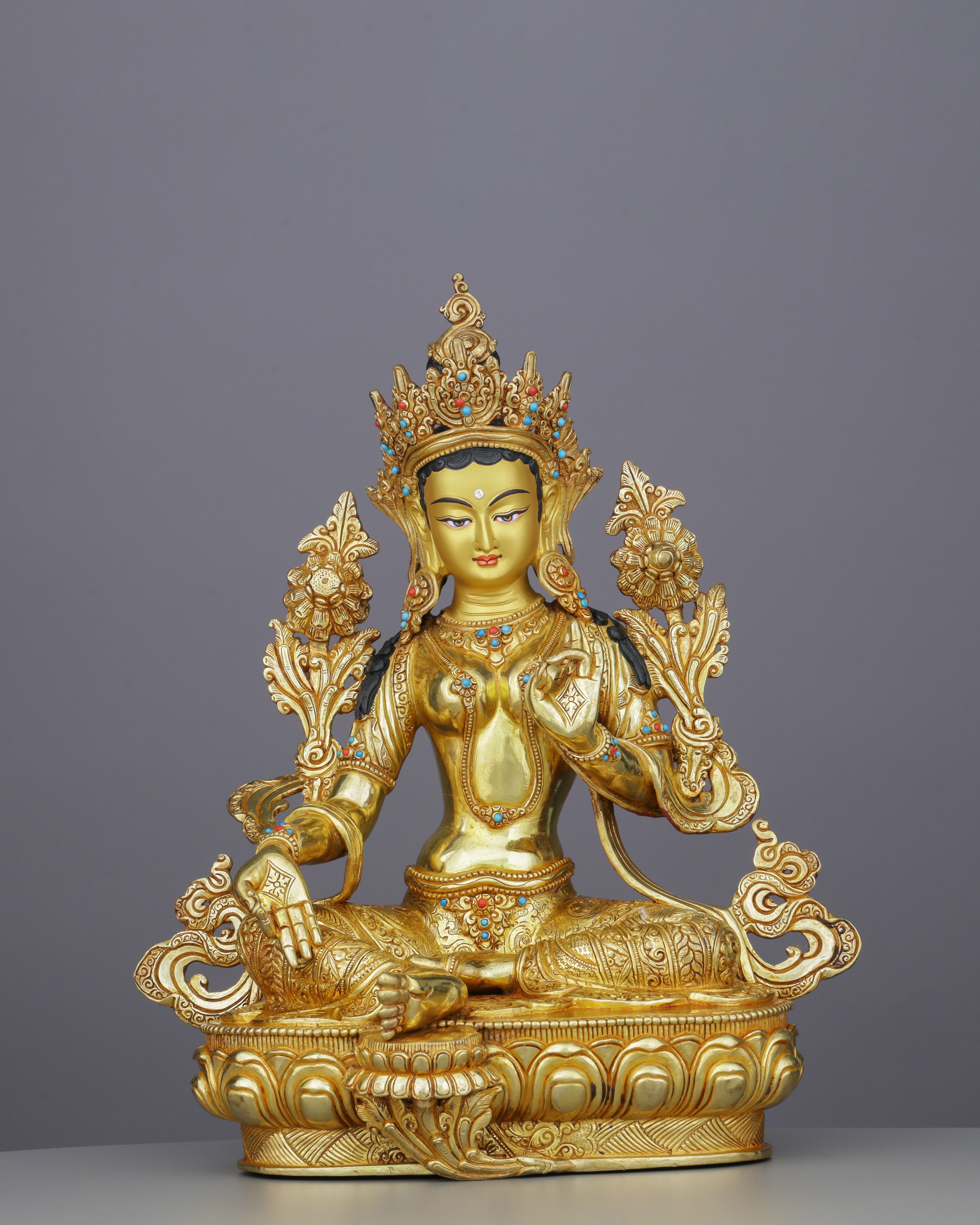 Exquisite 24K Gold Green Tara Statue | Handcrafted Nepalese Masterpiece of Compassion