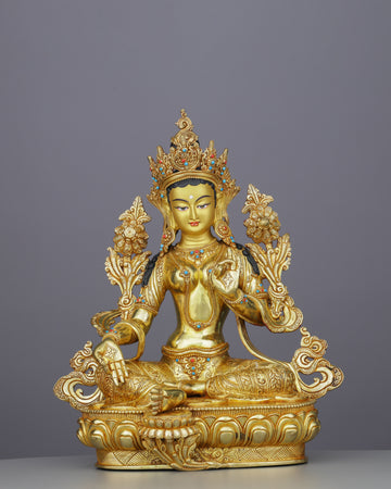 Exquisite 24K Gold Green Tara Statue | Handcrafted Nepalese Masterpiece of Compassion