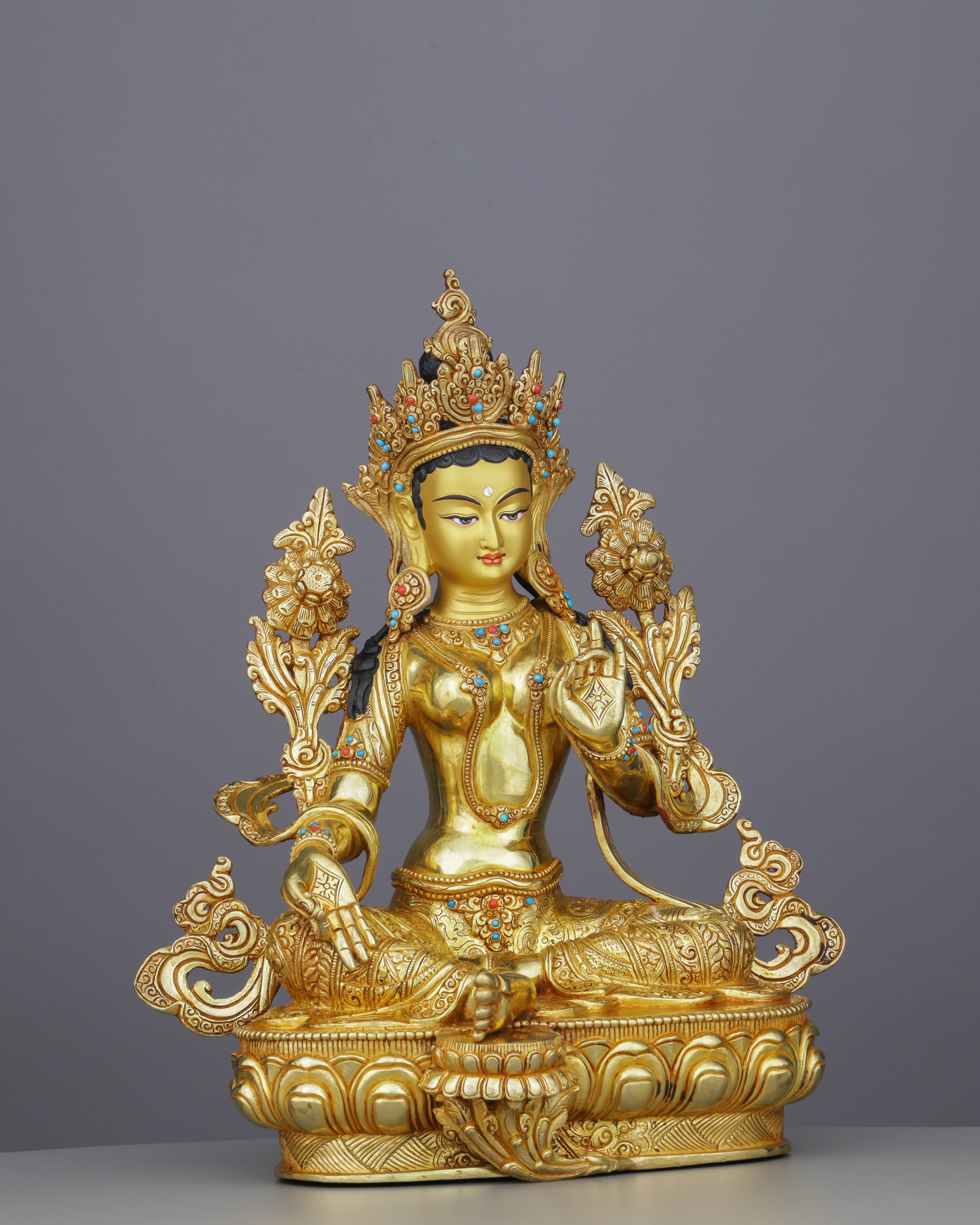 Exquisite 24K Gold Green Tara Statue | Handcrafted Nepalese Masterpiece of Compassion