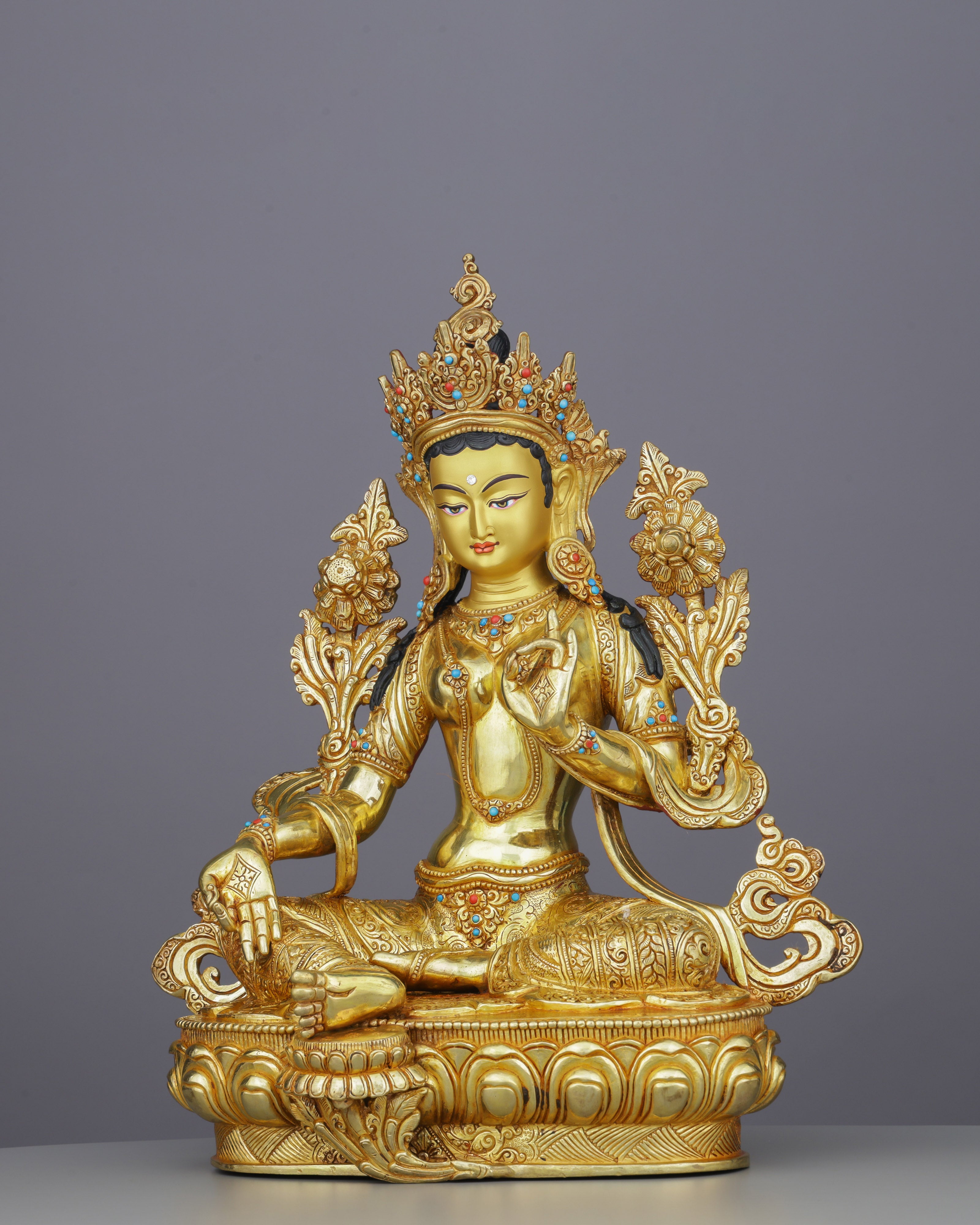 Exquisite 24K Gold Green Tara Statue | Handcrafted Nepalese Masterpiece of Compassion