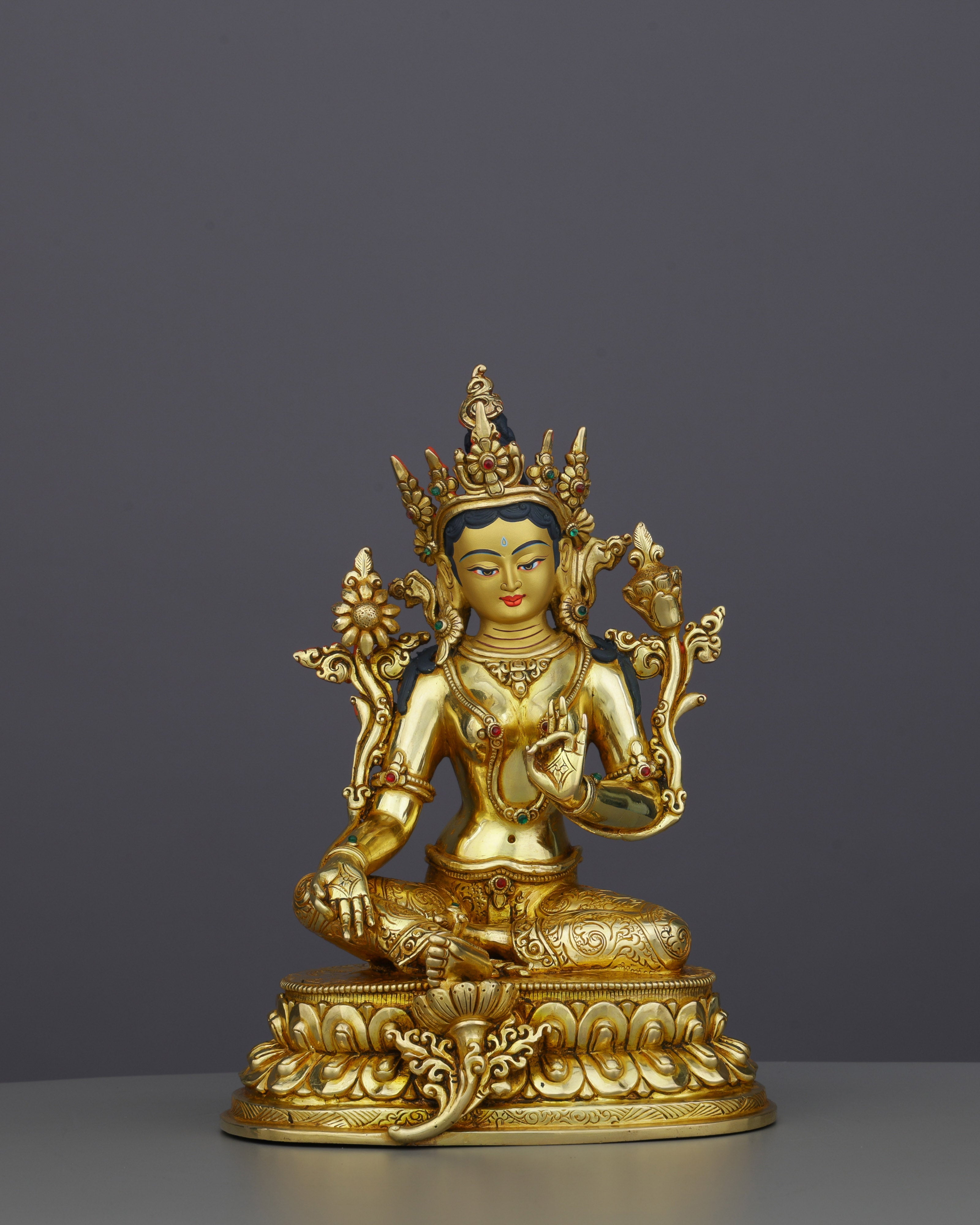 Elegant 24K Gold Green Tara Statue | Gemstone-Adorned Nepalese Treasure