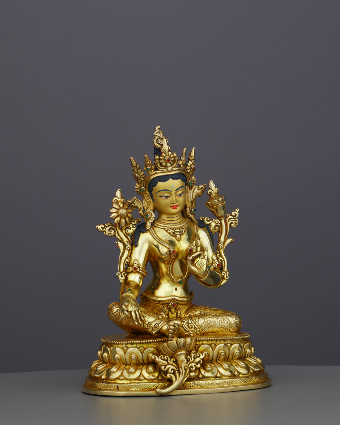 Elegant 24K Gold Green Tara Statue | Gemstone-Adorned Nepalese Treasure - Handcrafted Buddhist Statue - Authentic Sacred Art