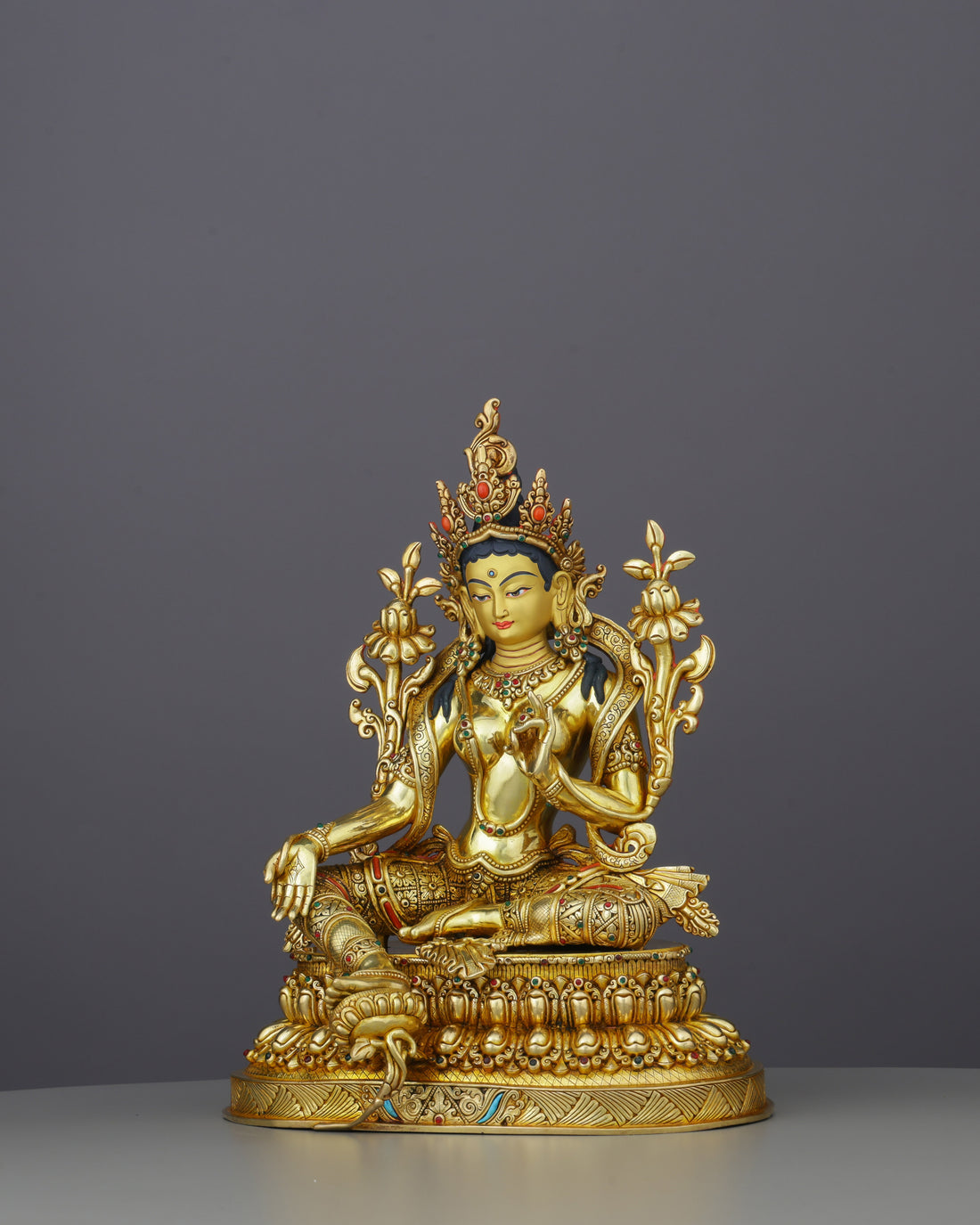 Resplendent 24K Gold Green Tara Statue | Jewel-Encrusted Nepalese Masterwork - Handcrafted Buddhist Statue - Authentic Sacred Art