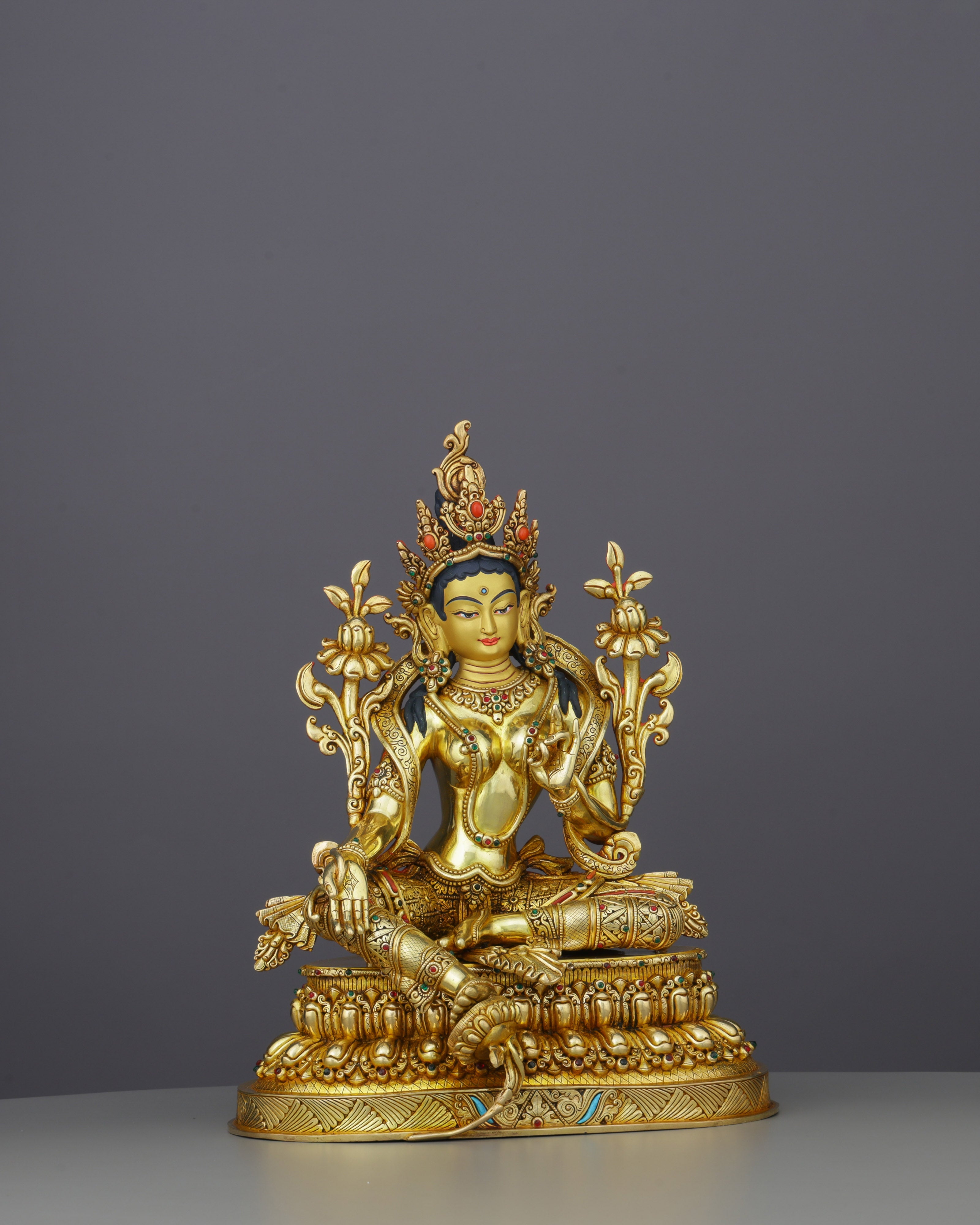 Resplendent 24K Gold Green Tara Statue | Jewel-Encrusted Nepalese Masterwork