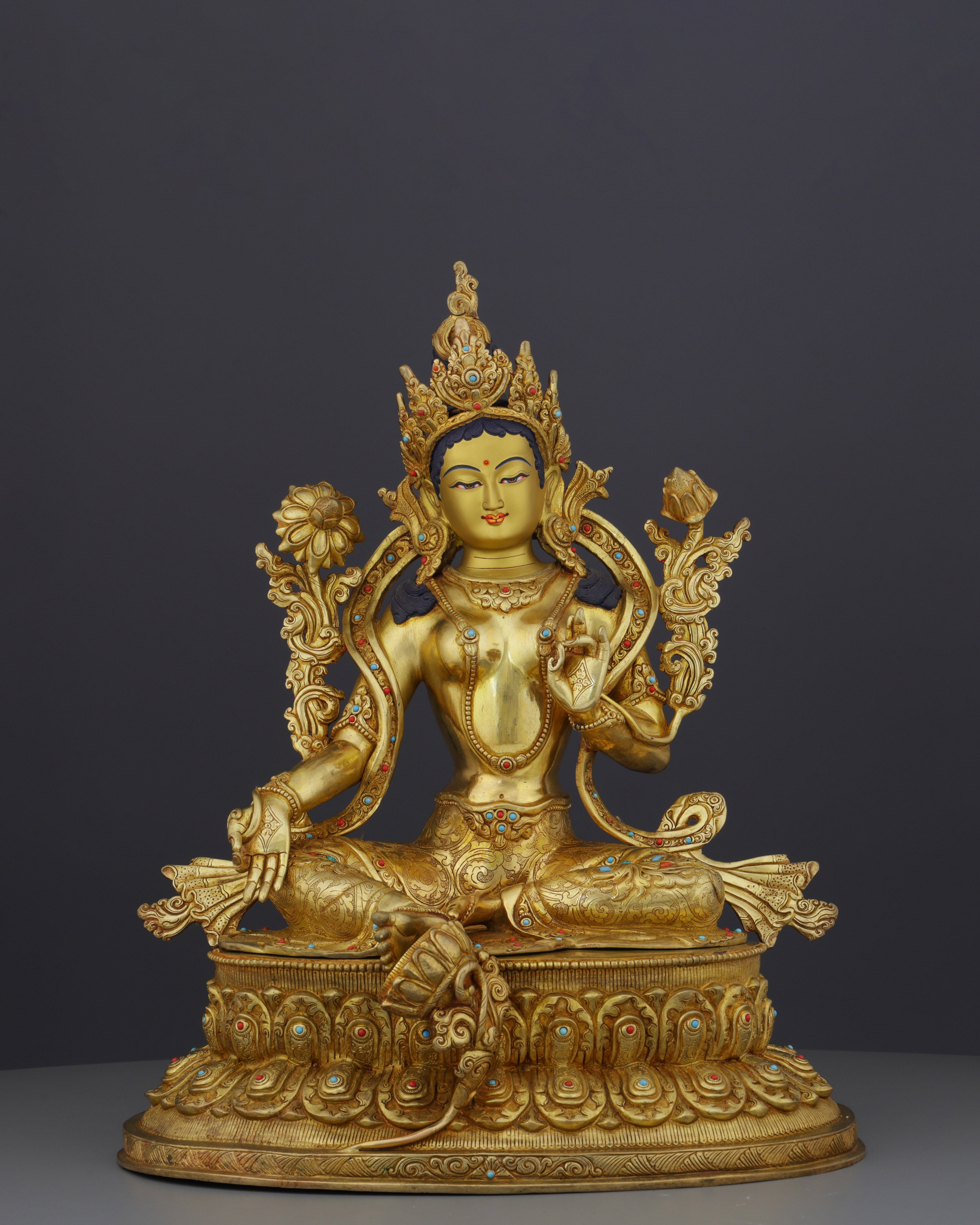 24K Gold Gilded Green Tara Statue | Divine Nepalese Craftsmanship