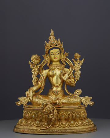 24K Gold Gilded Green Tara Statue | Divine Nepalese Craftsmanship