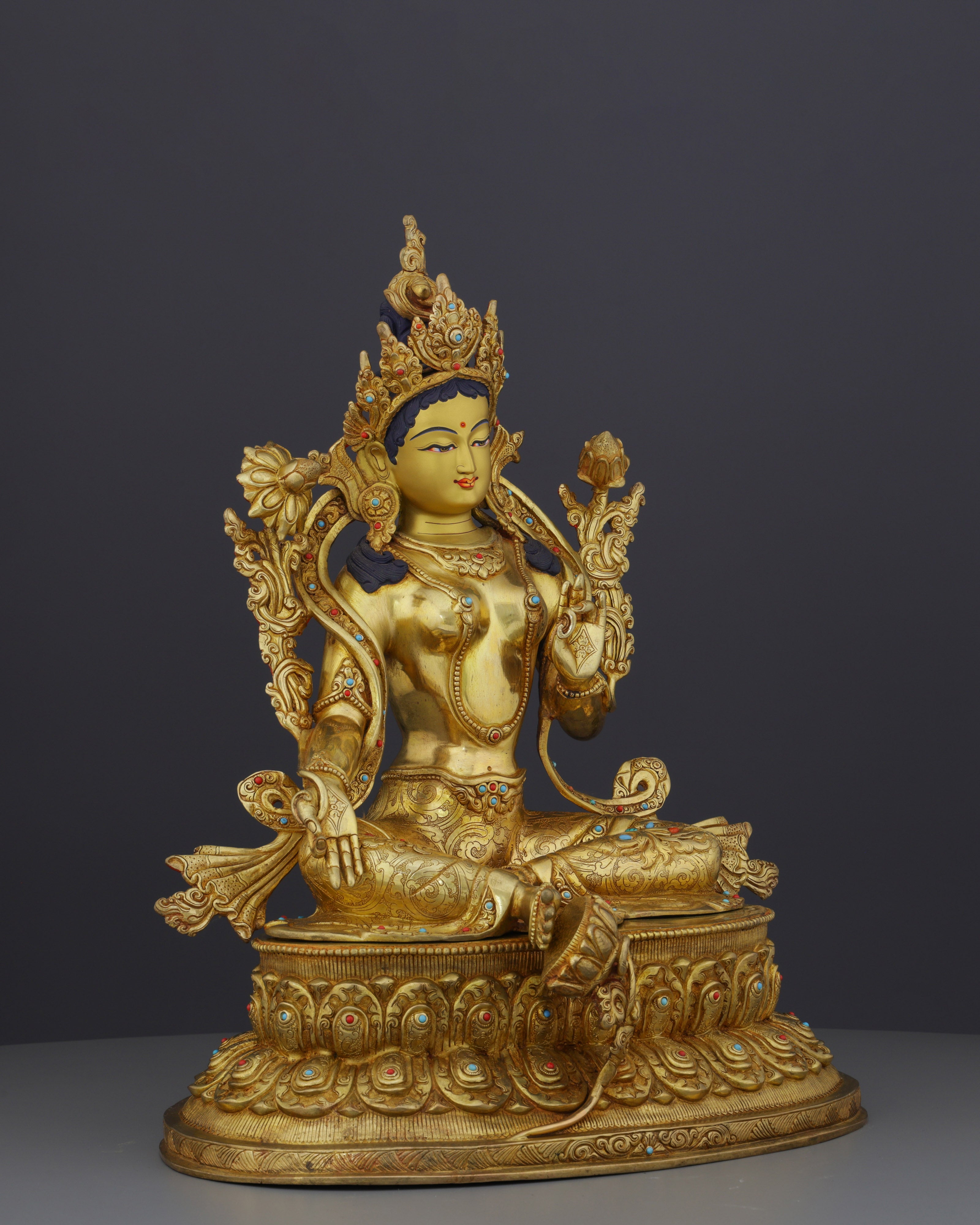 24K Gold Gilded Green Tara Statue | Divine Nepalese Craftsmanship