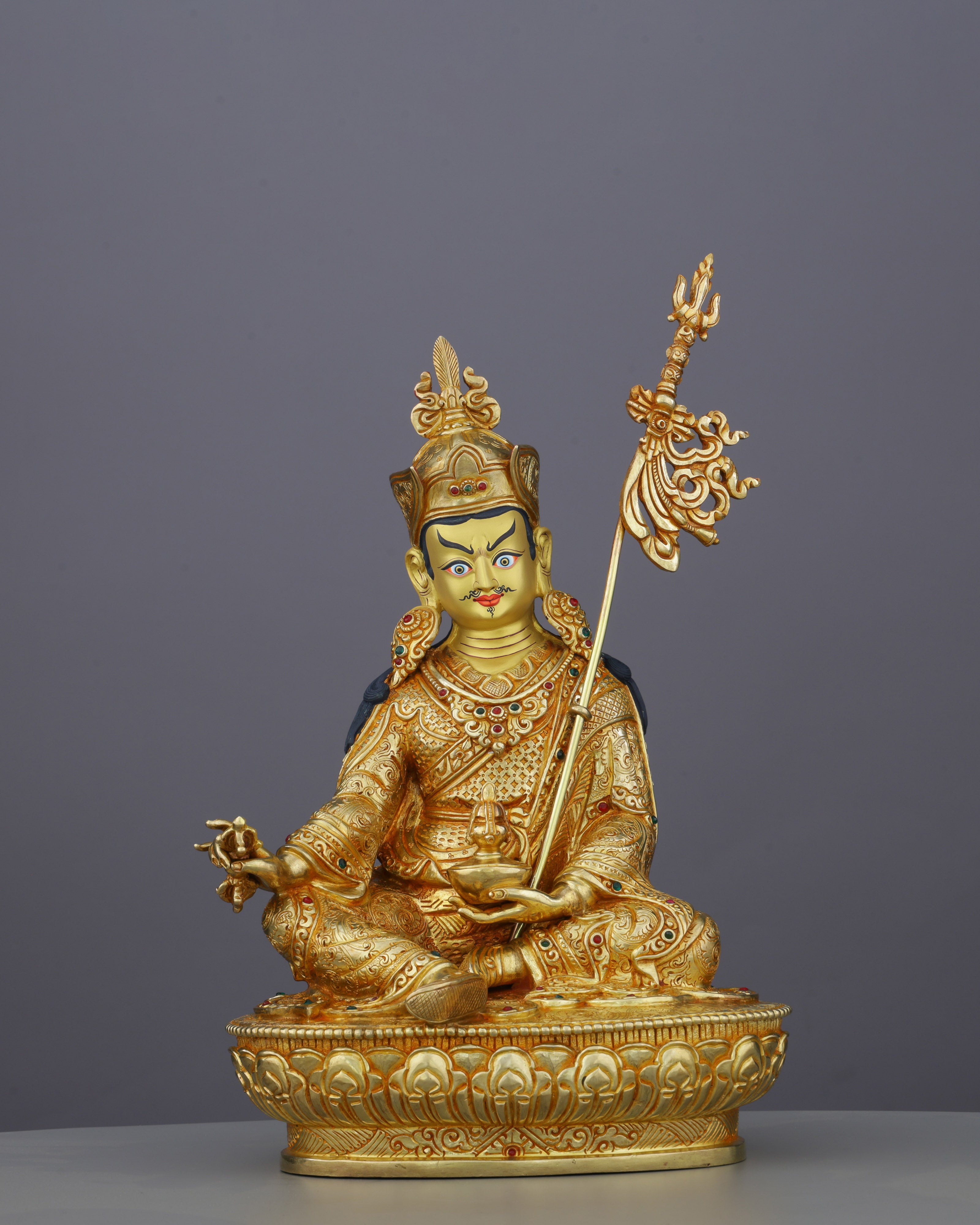Radiant 24K Gold Guru Rinpoche Statue | Himalayan Spiritual Masterwork