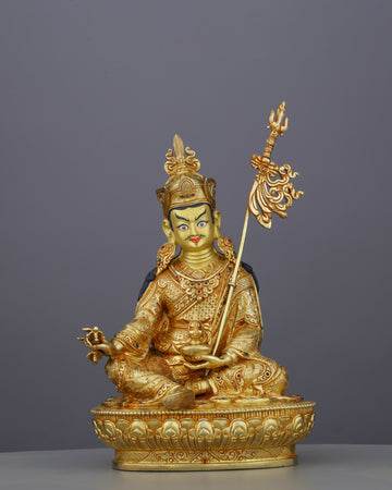 Radiant 24K Gold Guru Rinpoche Statue | Himalayan Spiritual Masterwork