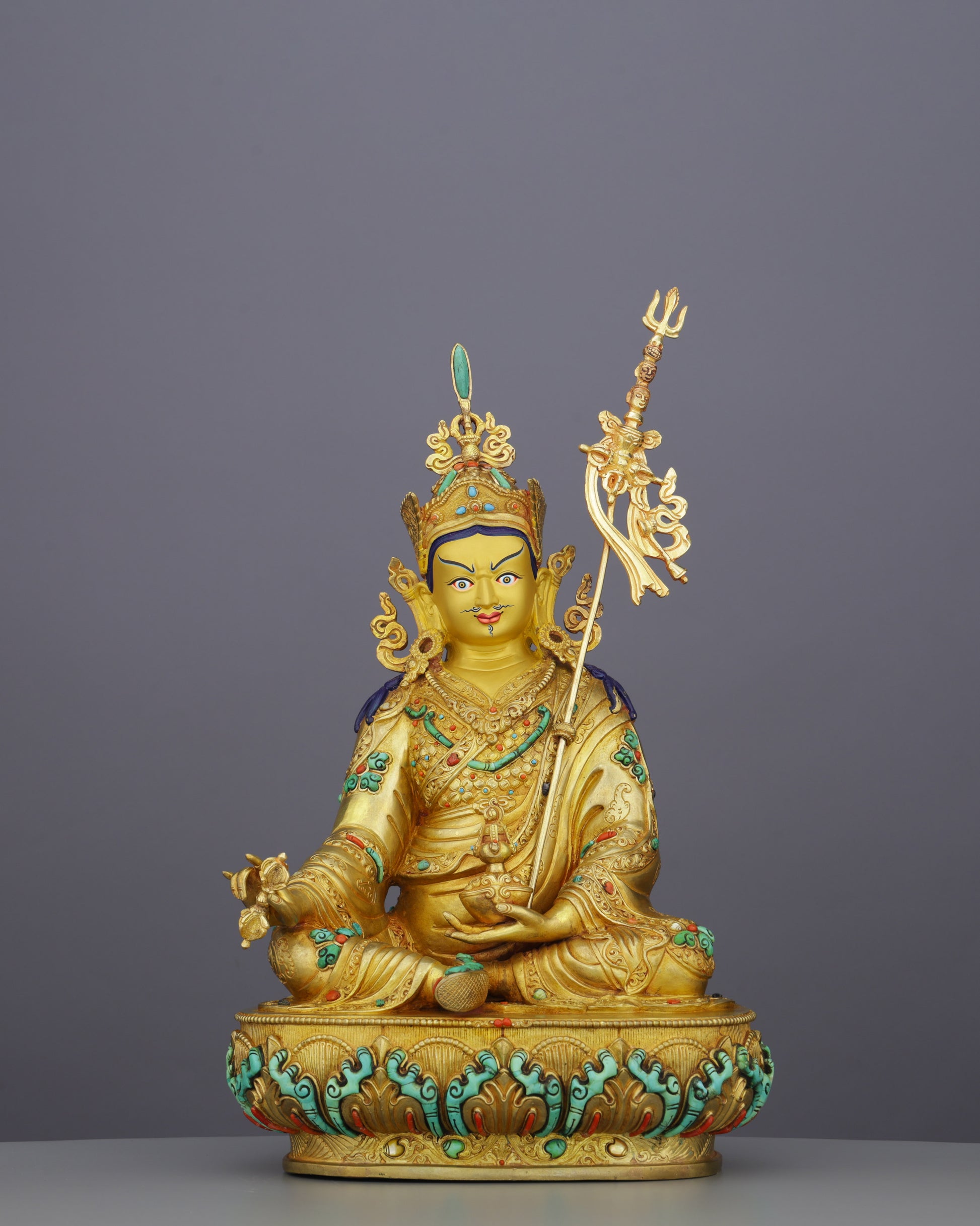 Fierce Grace in Gold | Guru Rinpoche Statue with Turquoise &amp; Coral Inlays - Authentic Handcrafted Statue
