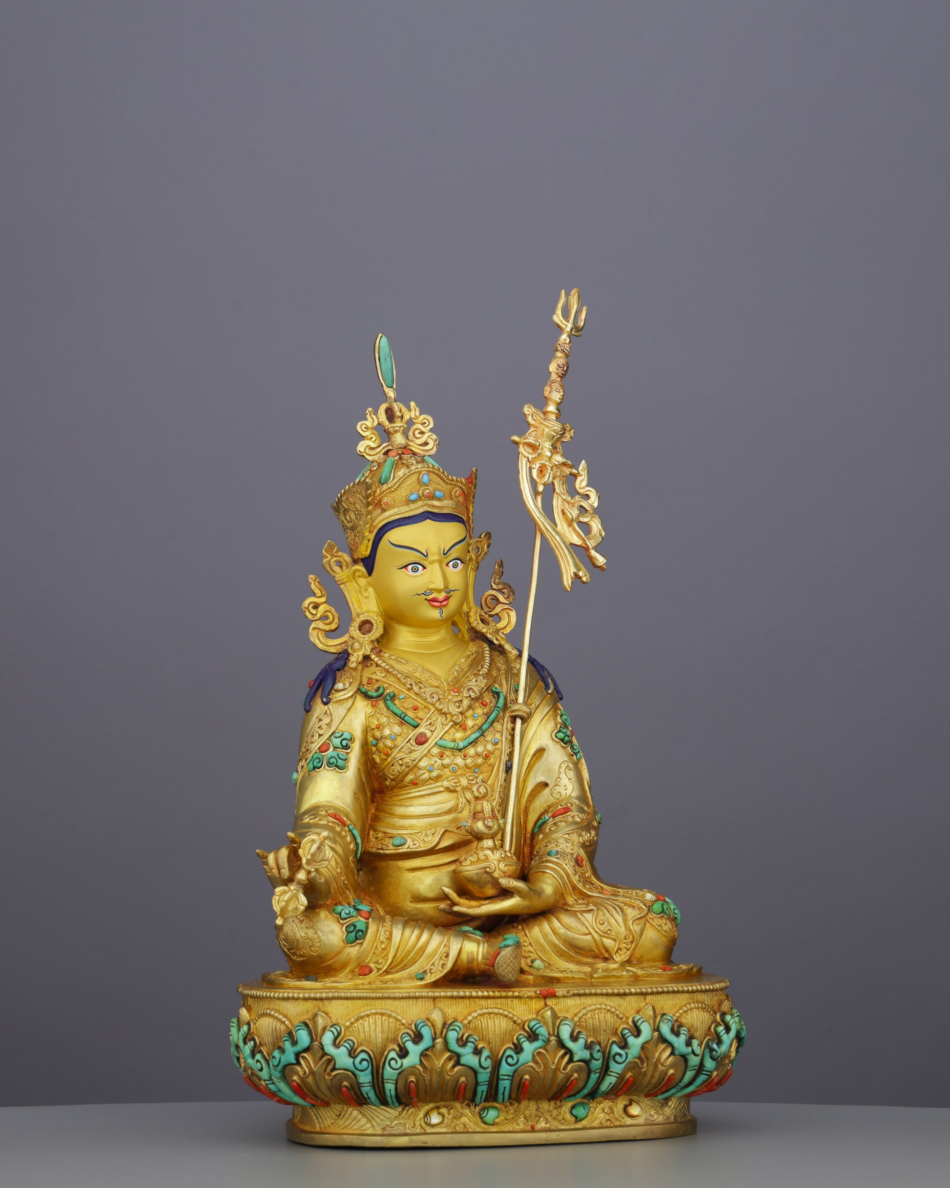 Fierce Grace in Gold | Guru Rinpoche Statue with Turquoise &amp; Coral Inlays - Authentic Handcrafted Statue
